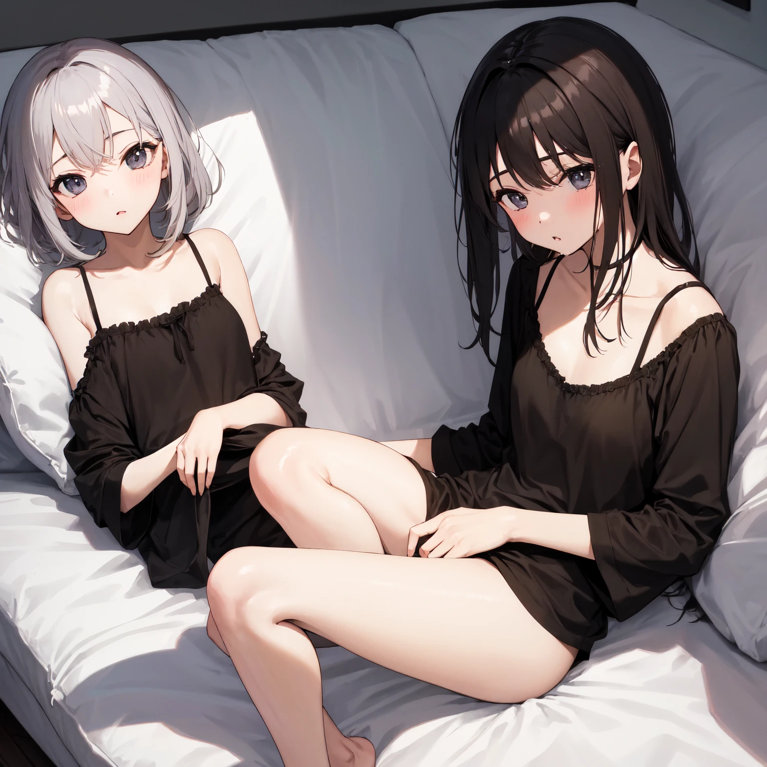 two young 14 year old girls, sitting on a sofa, sitting opposite the viewer, in black underwear, in black stockings, marks from shackles on their hands, unhappy, upset, tired, one of the girls on her knees, beautiful,multiple girls