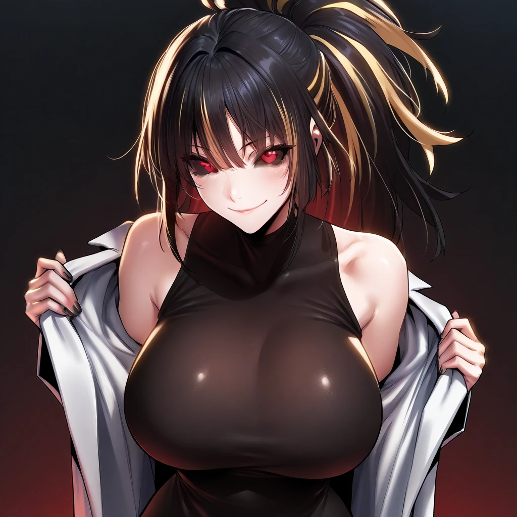 kpop girl with rizz smile face, bad ass, long black messy hair, black sweater, smoke background ,jht, dark skin, huge  , curvy body, cleavage, shoulder free, hand on hip