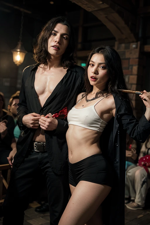 Drenched woman, multiple muscular men touching her with a pair of pants, erotic breasts, underwear, leaking pee, wearing a vibrator in the crotch