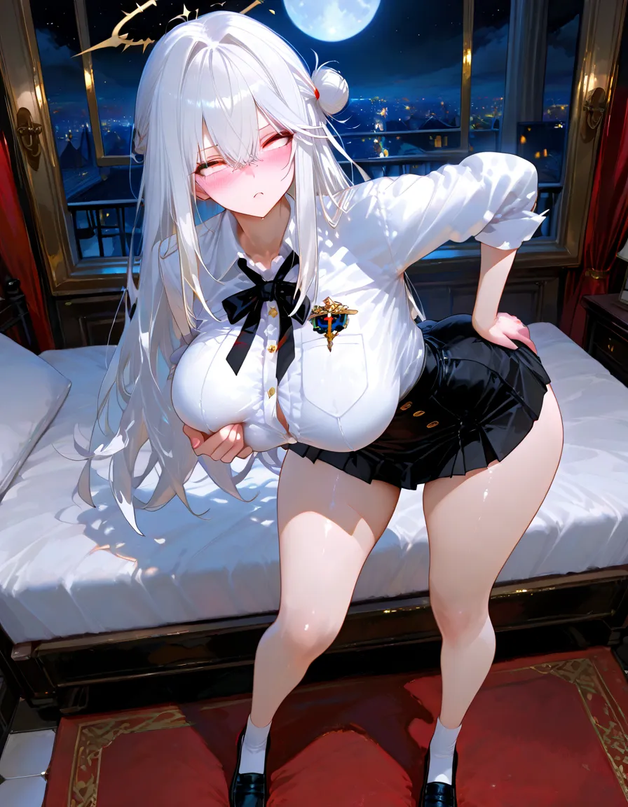 masterpiece、(Ecstasy face:1.1),Grab the skirt、Squat down forcefully、Cowgirl Position, Spread your legs, imminent vaginal 　、Curly Hair、Vaginal 、Black knee-highs 、Clothes that stick to the skin、orgasm、Last、very heavy breathing、penis、Legs wide open、Please bend your knees、Squat、Excited、Very beautiful face、Very beautiful skin、White shirt、Sweaty all over、Knee-length skirt、Leaning forward, Wet Uniform、 Button unbuttoned、Large Breasts、One Man、Flashy hair color、Gal 、Touching hair、Blonde Hair、Angle from below、The body is jumping high、A strong wind is blowing from below、The skirt is soaring、Gusts of wind from below 、Vibrant hair、Stylish hairstyle
