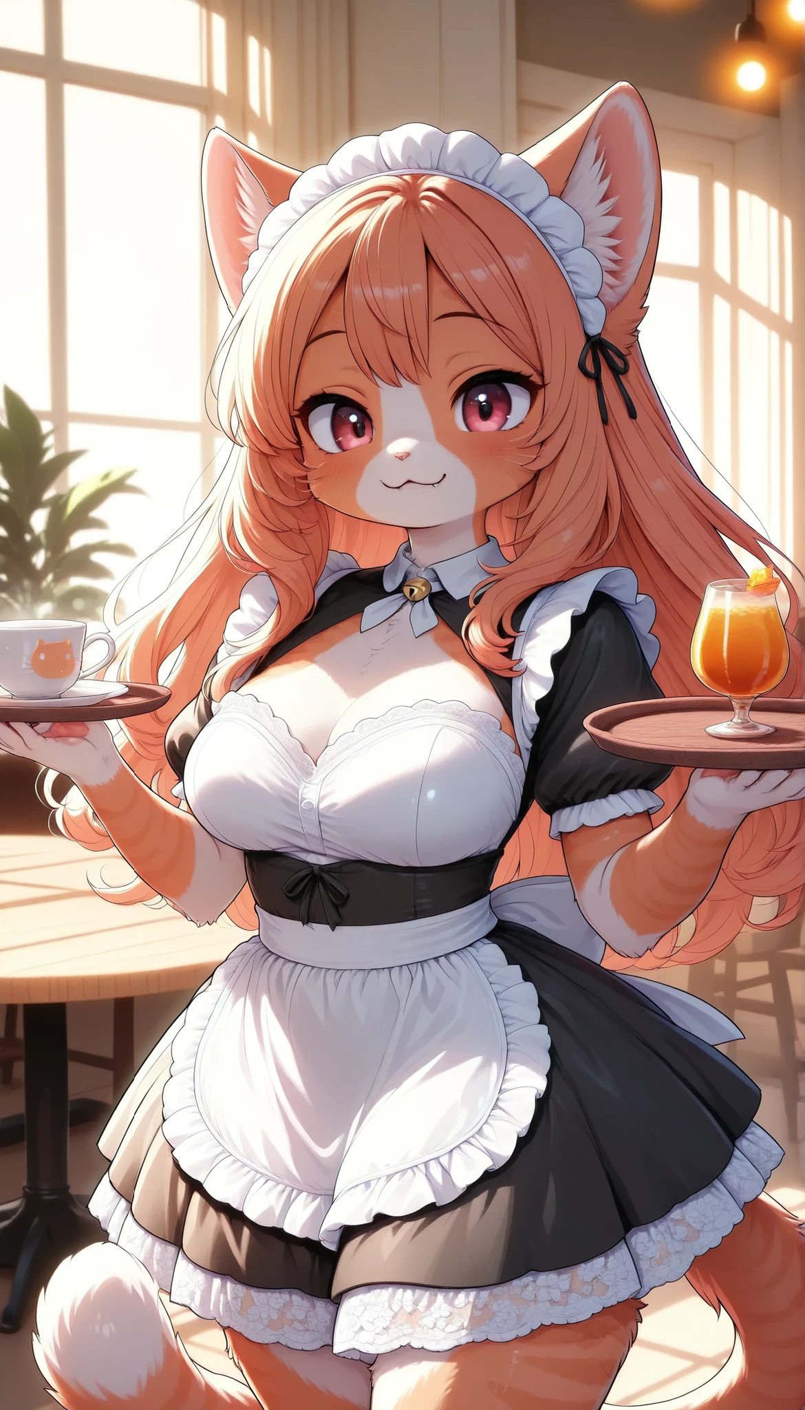 Best quality,The best decision,(fluffy anthro fluffy :1.8),(young :1.8), bunny girl,,Wavy hair,voluminous hair,long hair,Pink rabbit ears,pink bunny tail,(pink fur :1.6),green eyes,sparkling eyes,sparkling eyes,huge round glasses,maid outfit,maid headdress,(white maid gloves),(black transparent stockings),butterfly ribbon,I look at the viewer,full face blush,beautiful cafe,Romantic light,Light and shadow,Heart eyes,eyes with a heart expression,seductive face,smile, Big Tits,stand,sexy pose, very large bulge in panties