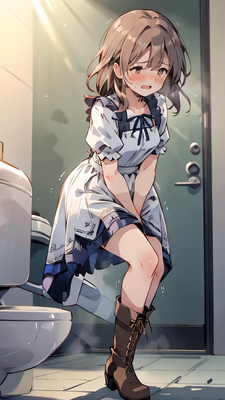 (8K, ultra-detailed, best quality, anatomically perfect body:1.5), (small breast:1.2), shiny skin, (1 girl), (have to pee:1.1), (urge to pee:1.3), (peeing self:0.8), (pp clothes:0.7), (very desperate to pee:1.3), (takes to front of the bathroom door), (waiting for bathroom with line), (standing), (Each one has a different blouse), (Each one has a different maxi pinafore dress:1.4), pantyhose, petticoat, (Each one has a different footwear:1.1), (Each one has a different hairstyle), (knees together and feet apart:1.4), (Rub each other's knees:1.2), (leaning forward:1.3), (hand between legs), (holding the crotch:1.5), (orgasm:1.5), (blush:1.5), (embarrassment:1.4), (impatience:1.3), (flustered:1.2), (fidgeting around:1.5), flowing sweat, (erotic waist twist:1.3), (panting), (breathless:1.4), (Erotic feelings), (close eyes, closed mouth), (orgasm), looking away, from side, (upskirt:1.5), full body, nsfw,