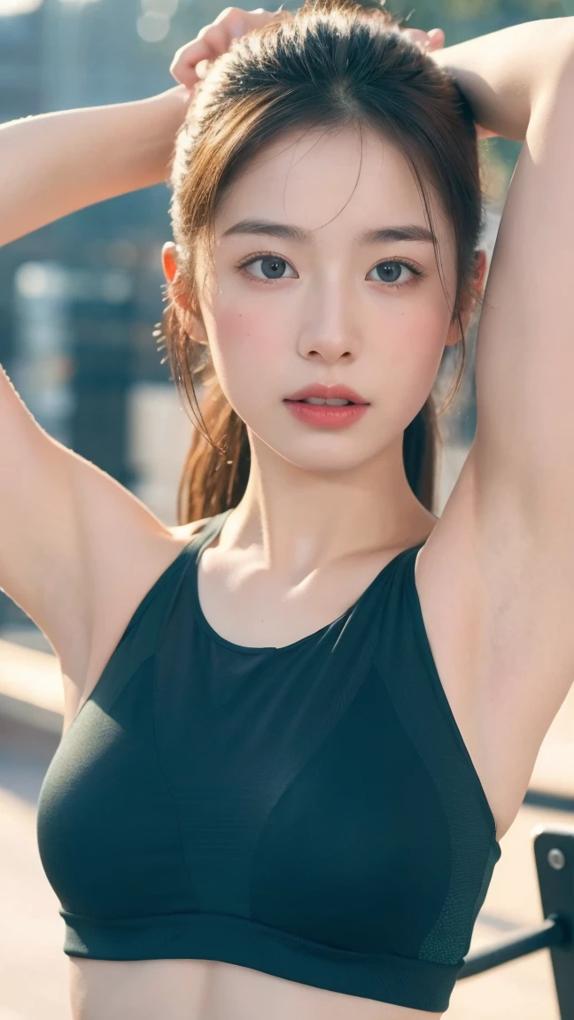 ((Best quality, 8k, Masterpiece :1.3)), 1girl, glamorous body Pretty woman with emphasizing slender abs :1.3, (random hairstyles :1.2), Oversized tank top :1.2, Ultra-detailed face, Detailed eyes, Double eyelid, armpit