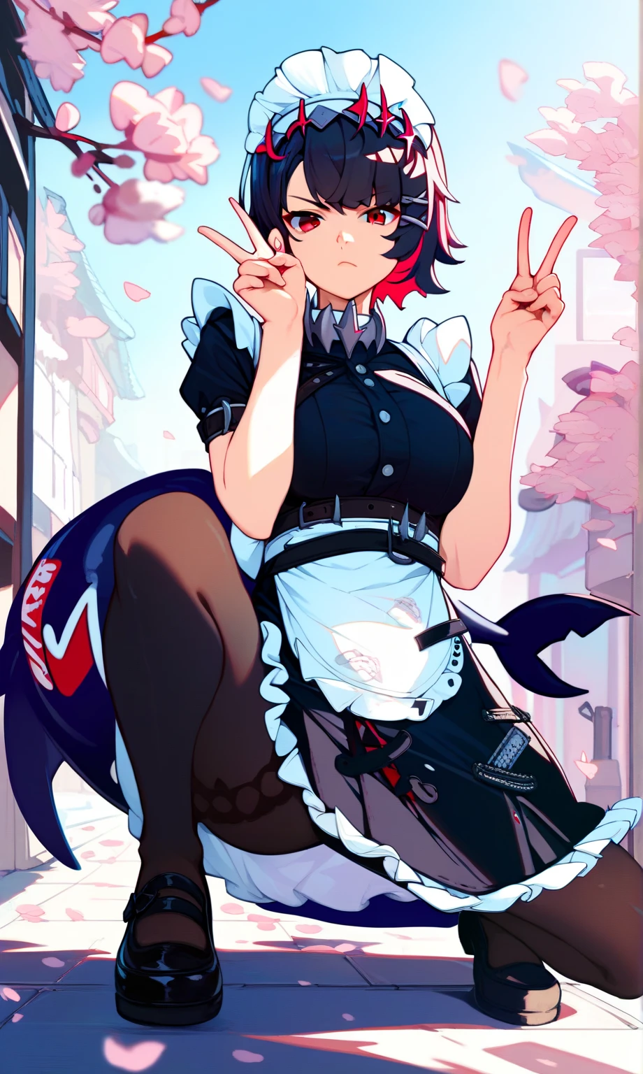 ellenjoe, ellen joe, black hair, colored inner hair, multicolored hair, (red eyes:1.3), red hair, short hair, two-tone hair,
BREAK bapron, black pantyhose, black shirt, black skirt, ear piercing, fins, fish tail, maid, maid apron, maid headdress, pantyhose, piercing, puffy short sleeves, puffy sleeves, shark girl, shark tail, shirt, short sleeves, skirt, tail, two-tone hair, wrist cuffs,
BREAK outdoors, city, sky, clouds, sun, buildings, crowd, people, alley,
BREAK looking at viewer, (cowboy shot:1.5),
BREAK (masterpiece:1.2), best quality, high resolution, unity 8k wallpaper, (illustration:0.8), (beautiful detailed eyes:1.6), extremely detailed face, perfect lighting, extremely detailed CG, (perfect hands, perfect anatomy), sexy, ass visible, bubble butt, close up, presenting ass, doggy style, ass focus, lolipop on mouth, on all fours,