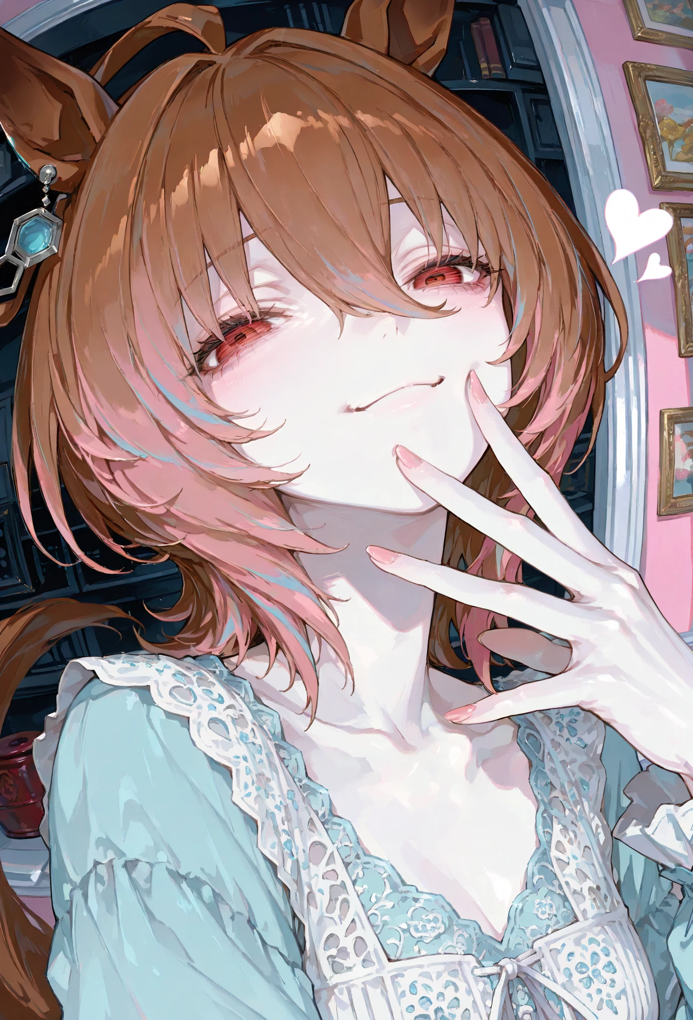 (A girl with short pink hair in a white dress sitting on a bedroom couch looking at the camera,He had a shy expression on his face:1.5) ((((Very wide open mouth:1.8)))) (closeup of face:1.8) (Exquisite makeup,Luxurious dresses:1.9) (A very shy expression appeared on his face,looks into camera,The mouth opens wide:1.8) (A masterpiece、tmasterpiece:1.5)