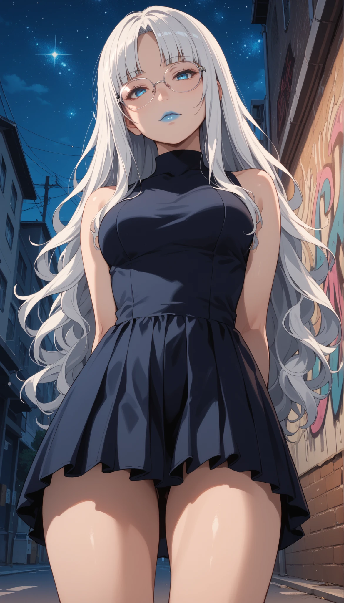  source_anime, rating:general, 1girl, solo, kirari momobami, white hair, long flowing hair, hime cut, parted bangs, blue eyes, sultry eyes, eyeglasses, pale skin, round face, cute face, slender build, medium sized breasts, perky breasts , thick thighs, thigh focus, slutty outfit, slight head tilt, glossy blue lipstick, subtle edgy touch, standing alone on an urban street at night time, starry sky, graffiti walls, edgy atmosphere, soft lighting, vivid colours, masterpiece, 8k quality, arms behind back, dynamic angle, view from below, centred 