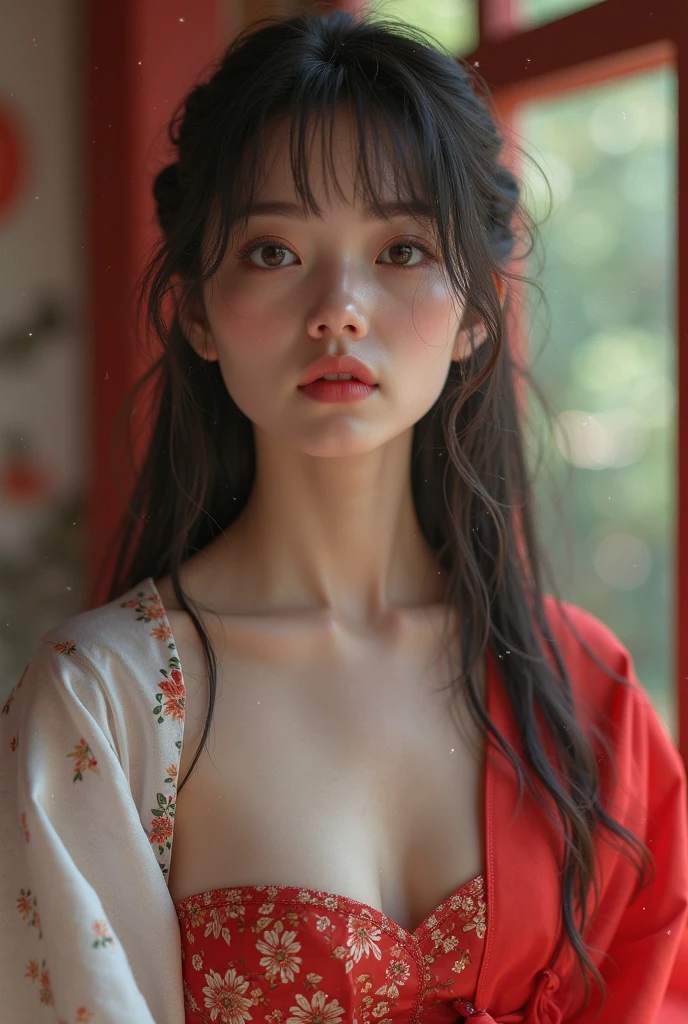 18 years old、woman、whole body、Evil Smiley Face,  Red eyes, Iris, Pupil orange、Room on the top floor of a high rise building、Large glass windows、The yukata is being torn apart、Small breasts、Chest empty