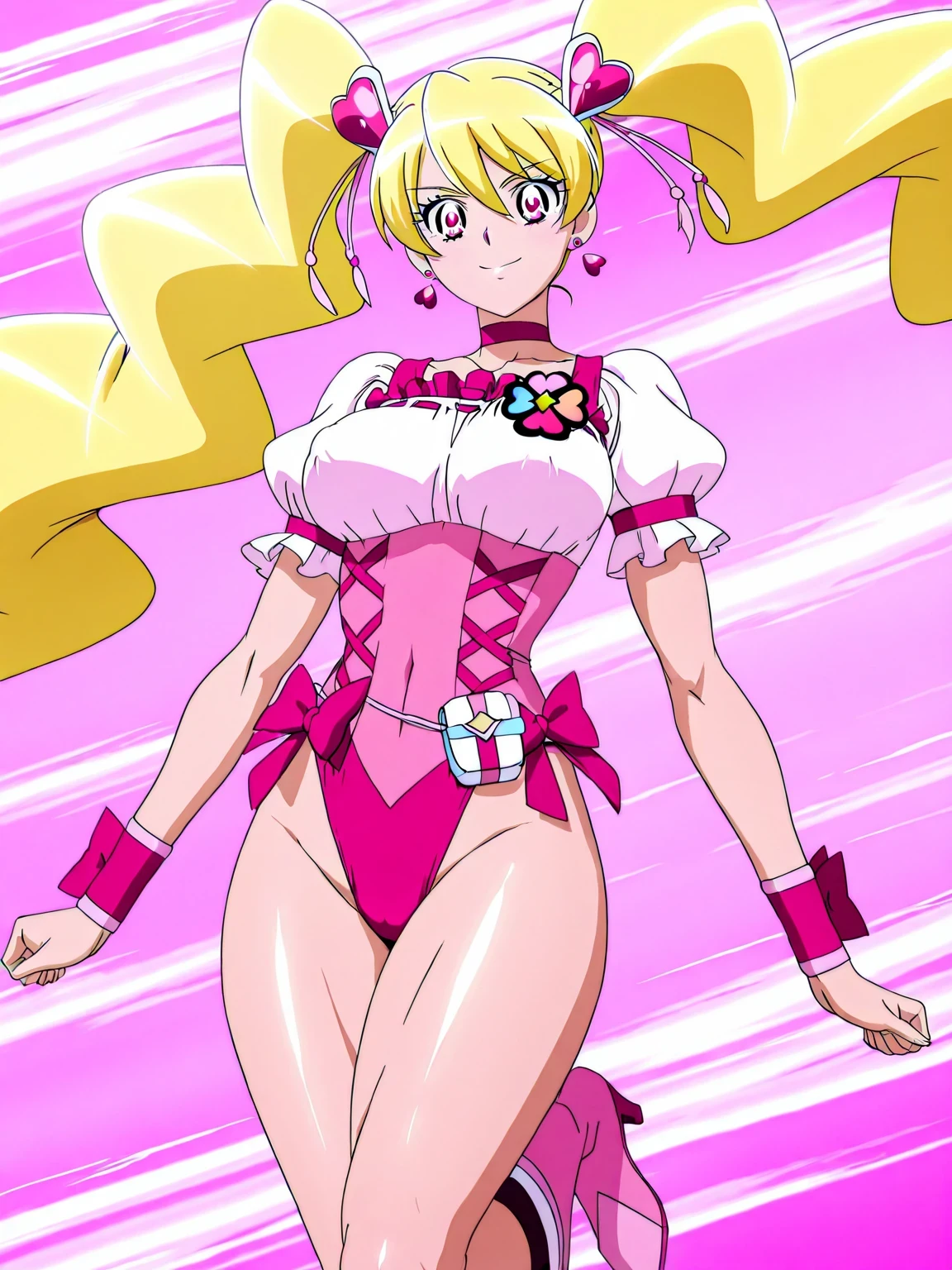 score core 8 up、score 7 up、source anime、傑作、best quality、best resolution、best image quality、Very detailed face、Very detailed eyes、詳細なディテール、anime coloring、anime screencap、1girl、cure peach、female character is wearing a white and pink leotard、beefcake standing、blonde hair、twintails hair、floating hair、very long hair、hair between eyes、pink eyes、shiny hair、heart hair ornamen、heart earrings、solo、zodiac girl knight、magical girl、portrait zodiac girl knight、long legs、big breasts、covered breasts、very large breasts、covered boobs、large boobs、white puffy short sleeves、bare crotch、bare thighs、wrist cuffs、pink neckwear、pink choker、jewelry、four-colored-clover ornament to left chest、pink legwear、pink knee boots、pink footwear、knee boots、heel boots、pink corset、pink bow、white and pink leotard、!!Full body portrait!!、 magical girl style、brave beautiful、magical aura、brave sexy、anime princess、official anime style、lewd anime style、official anime artwork、cure peach outfit arranged into a leotard style、王女としての王様讃美歌、high leg cut、skirtless leotard、trapezius、biceps、biceps long head、biceps short head、triceps、triceps medial head、triceps lateral head、triceps long head、brachioradialis、covered deltoids、thigh muscles、covered adductor magnus muscles、bare crotch、bare thighs、bare hips、brave smile、A cheerful smile、perfect body、perfect hands、perfect arms、perfect legs、tall girl、looking at viewer、female focus、cowboy shot、beefcake style、pink background、