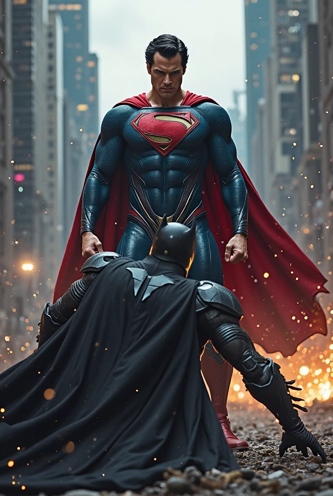 Superman standing angry with bloody fists and black suite and glowing red eyes, batman laying face down on the ground dead laying in his own blood with mask that resembles bat and has closed eyes