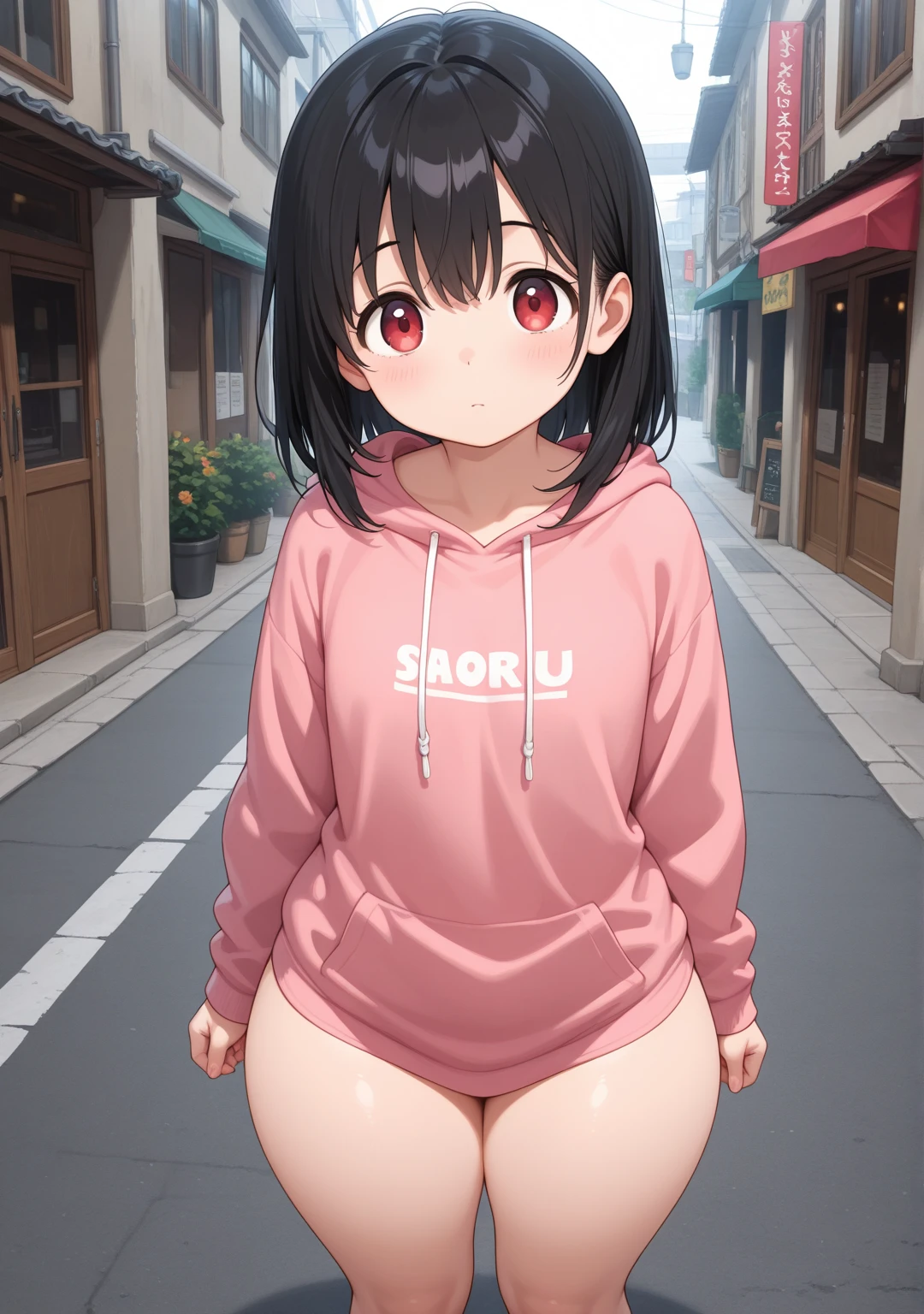 (uncensored), score_9, score_8_up, score_7_up,source_anime, high quality, exceptional, best quality, perfect hand, 1 girl, (embarrassing face), (glare:1.2), (child:1.4), (loli:1.4), short stature, beautiful long hair, detailed eyes, cute face, (blushed:1.4), half-closed eyes, (bottomless), (no skirt), white socks, (((shirt lift up and show off nipple))), (looking at viewer), penis on pussy, (futanari:1.3), (expose line pussy and flaccid small penis), ((her right arm up, piece sign:1.2)),flat chest, ((squatting on street)), (anime screencap, anime coloring, megami magazine,yumekawaii:1.1), (front view), naked_randoseru, red backpack, Eyes