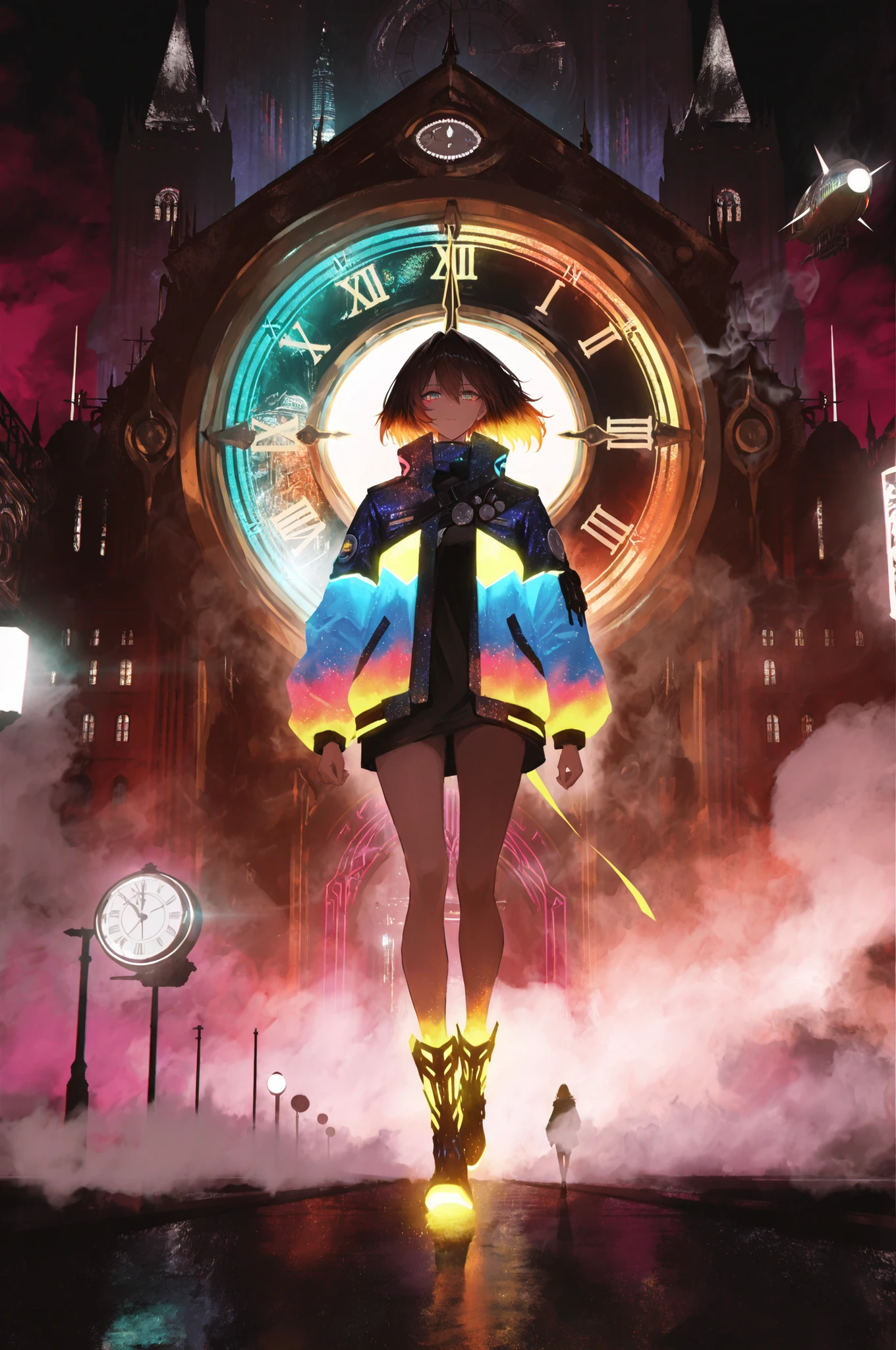 multicolored eyes, colourful glowing hair, wearing sci-fi jacket, anime style, high detail, Futurism, glowing light, UHD, retina, masterpiece, ccurate, anatomically correct, textured jacket, super detail, high details, high quality, award winning, best quality, highres,full body,glowing boots,walking, background is a huge cog with steam rising and a multilined mechanical clock tower,color palette is ash、silver、iron、} Metallic colors such as dark brown,white of steam and smoke,midnight,cyberpunk style airship, intricate mechanic multicolored stripe