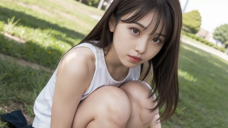 (masterpiece, highest quality:1.4), Award-winning portraits, 8k, 85mm, alone, Beautiful Face, Delicate girl, (Cheerleader、On the grass), Sophisticated, cute, 15 years old, RAW Photos, Confused, High resolution, Sharp focus, Background blur、(((Flat 、thin and delicate body、Childish atmosphere)))、shiny semi-long hair、ponytail、Mole on the left cheek、 Dark blue eyes、High Kick、the skirt is swaying in the wind、Hair swaying in the wind、sexy、Flexible legs