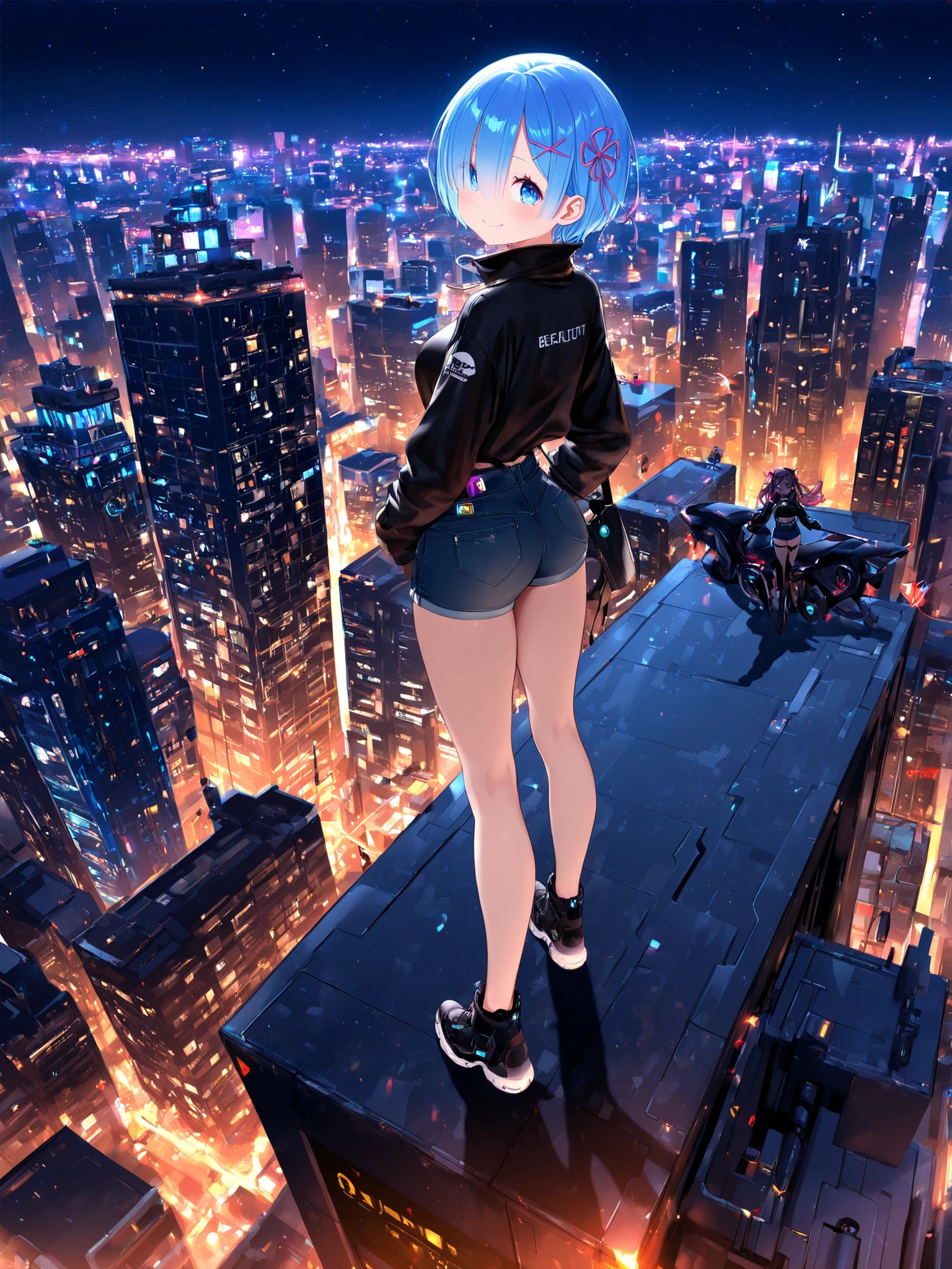 Ancient aerial view, giantess art, highly detailed giantess shot, Giant, short hair, black pantyhose, Huge high school girl bigger than a skyscraper, black vest, black pantyhose, pantyhose soles, pantyhose toes, thighhighs, navel, bare shoulders, shorts, sleeveless, midriff, belt, black thighhighs, crop top, groin, short shorts, clothing cutout, turtleneck, black shorts, cleavage cutout, tank top, sleeveless turtleneck非常小的大都市, Trying to destroy a miniature metropolis, full body depiction, governor, giga giantess, female giant, black pantyhose, Pantyhose feet, pantyhose soles, stomping city, Collapse city, small city, micro city, nanakusa nazuna, night, Lying in the city, Surrealism