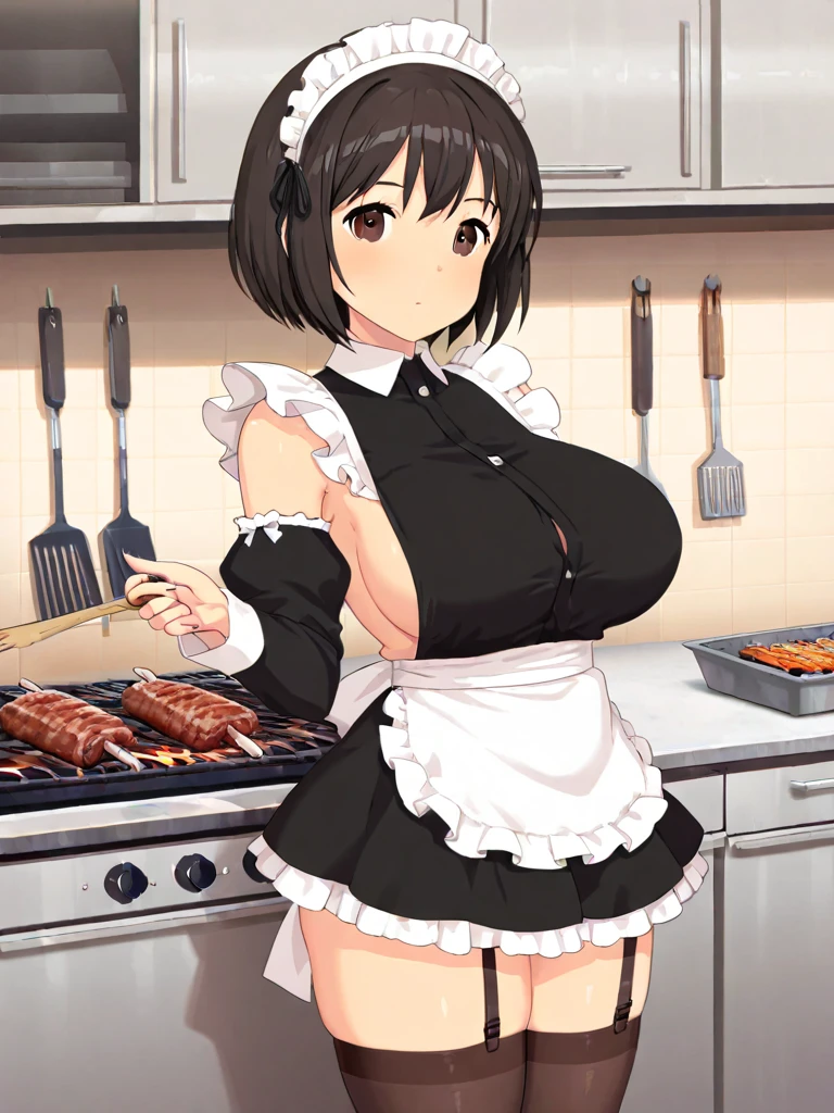 (masterpiece, Highest quality), One girl, Yunyun,Long Hair,Braiding,Twin tails,Hair between the eyes,Red hair ribbon,hair ornaments,large round breasts,、Pink Skirt、Black Hair、Red Eyes、(A face that is trying hard:1.2)、Cooking in the kitchen、Crown Blade,White apron、Cleavage cutout、cowboy shot、(blush)