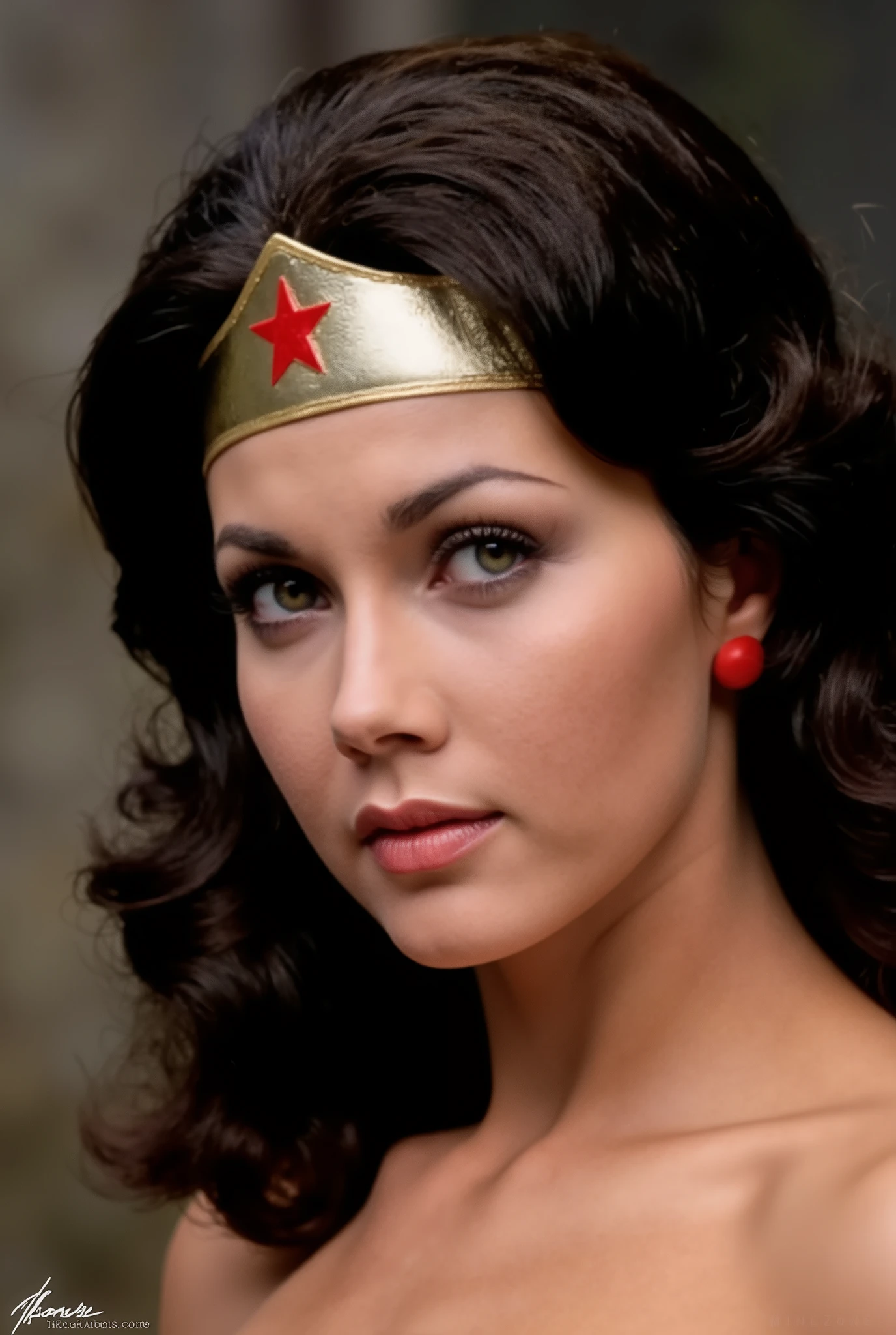 (Excellent masterpiece:1.5)0.7]，(wonder woman:1.2) ( messy brunette :1.1) ( dark eyes :1.2) (muscular:1.1) (Thick lips:0.9)