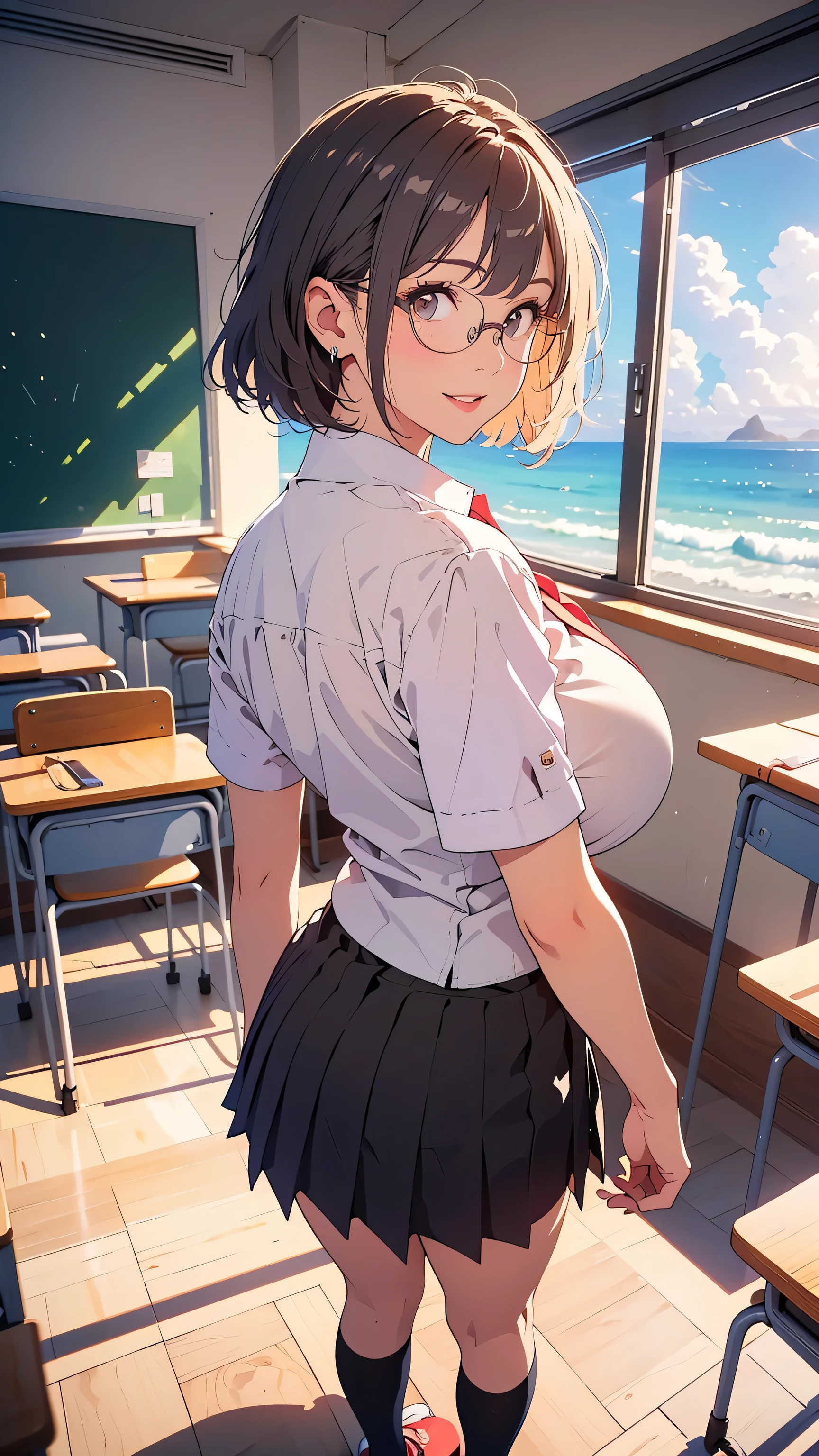 this is an illustration of an adult woman. She's a teacher, Classroom background, Top Quality、super high resolution、(photorealistic:1.4)、Crisp skin、Realistic Skinの質感, 4K, model body type、white skin、Realistic Skin, Natural Skin Texture,1 、(Thinning hair, black, short, faded grey hair:1), (big boobs), are watching viewers、close-up face、photo of your upper body、short hair,((Suit, Skirts, White Y Shirt:1.3), (( thin frame glasses)), (()), (()), (()),((school classroom)), ((Smile Yan:1.3)),Full body photo,Back view, Window with ocean view,Standing in the cult,