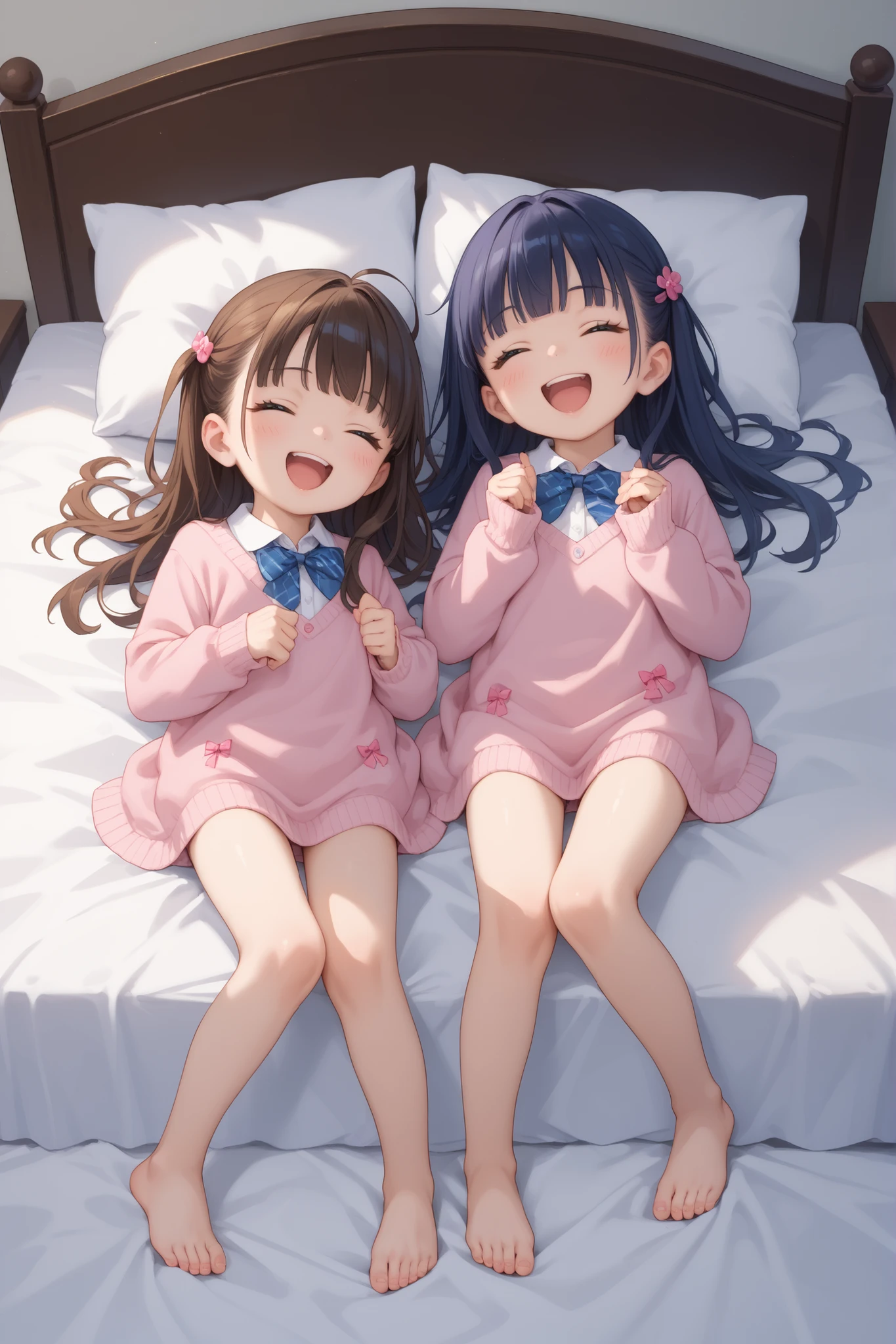 Two characters ((abby park:lora)), ((meilin lee: lora)), two girls kiss on the lips, in the bedroom, evening, wet bodies, ass, small breasts, sitting on bed, happy faces
