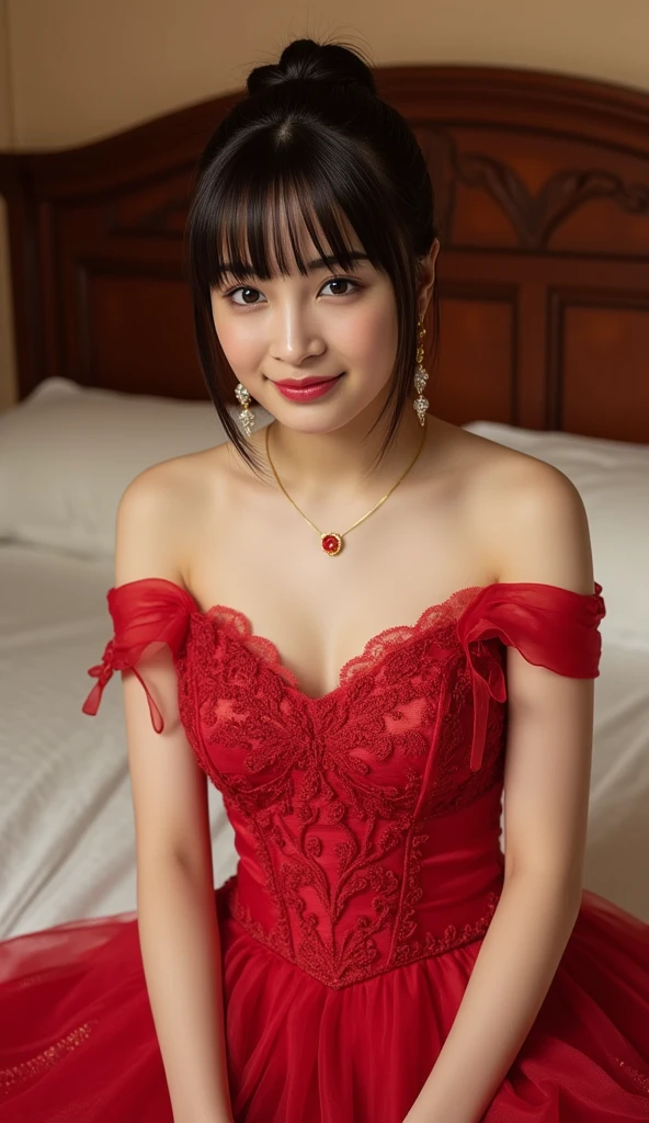 (masterpiece:1.2, highest quality), (Realistic, photoRealistic:1.4), Beautiful illustrations, (Natural Side Lighting, Cinema Lighting), Written boundary depth,
View your audience, Face Focus, Upper Body, 1 girl, Japanese, high school girl, Perfect Face, Cute and symmetrical face, Shiny skin,
(short hair:1.5, Double good, Brown Hair), Asymmetrical bangs, Brown eyes, Long eyelashes, (Medium Chest), thin,
Beautiful Hair, Beautiful Face, Beautiful details, Beautiful clavicle, Beautiful body, Beautiful breasts, Beautiful thighs, Beautiful legs, Beautiful fingers,
((Detailed cloth texture, Off-the-shoulder red micro mini cheongsam, Long slit at waist,Deep cleavage,There is no collar)),
(Beautiful views), evening, walking, (smile, Upward glance), Panties visible through the slit,(The panties are white lace panties),