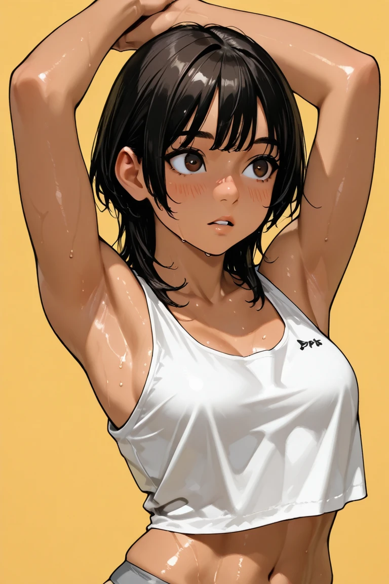 Anime Style, High resolution, masterpiece, The best quality at its best,high qualityなイラスト, 最high quality,high quality, Height Details, Realistic, One boy,Little Boy, Elf Ears,Brown Hair, Handsome boy, Cute Face, Adorable boy, Simple Background, Cheerful boy, Tank top, body, (Show your armpits:1.3), Smooth underarms, Shonen Focus, 超High resolution, 4K
