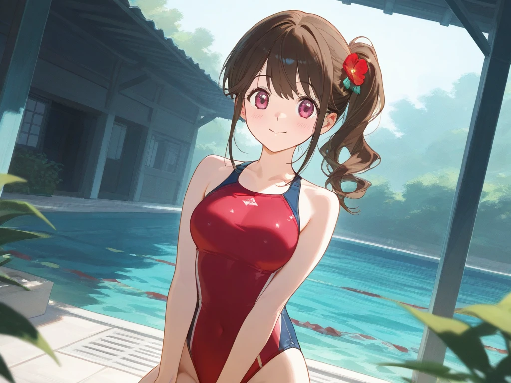 nicenature、Close-up of the butt looking up from below、Get wet all over 1.5.Realistic、squat butt emphasis、13 year old girl、wearing a yellow swimsuit,smile,cleavage emphasis,face reality,lips are a little red,cheeks are a little red,Sexy,pool
