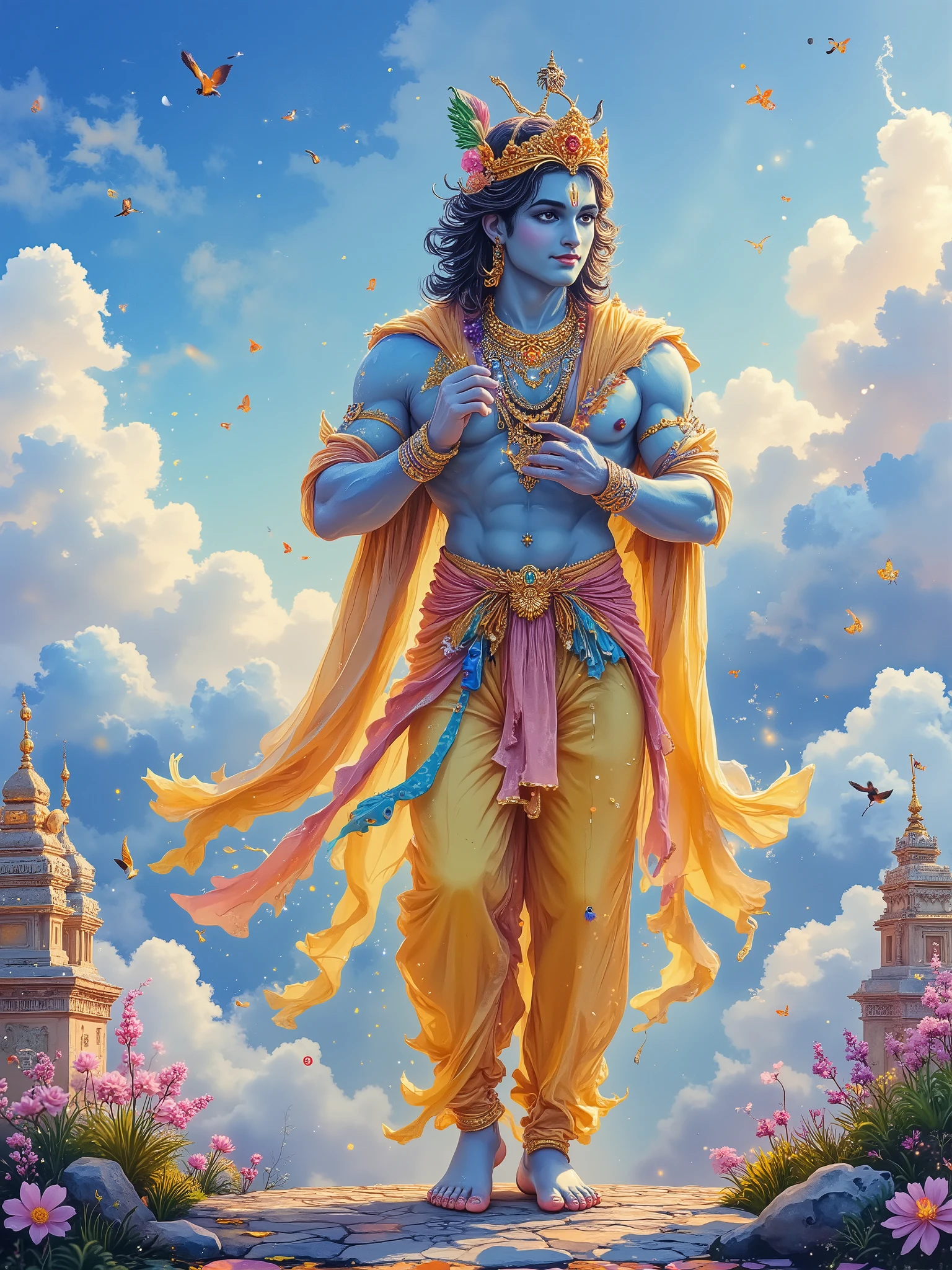 Lord krishna(Half portrait) as a huge celestial and divine figure in the sky is in king attire, wearing yellow full sleeve robes, dark blue skin tone, shining curly black hair, Jewellery and crown on head, curly hair with a peacock feather in it. His clothes flowing in the background and getting blended in sky, playing a flute, a huge peacock (peacock) behind him, can be seen through the clouds and temples. Looking down at me with half open eyes, the surrounding features ancient temple at both sides, bright illustration, niji remixed, niji 2.O, soft texture, watercolor painting style, shot has been taken from ground level to the sky level to make Krishna more bigger and divine God, very tall and big krishna. Uhd, hyper detailed, sharpness :1.2, --ss 300, --style RAW