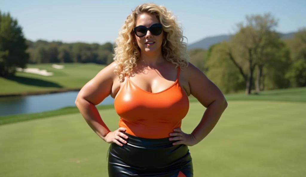 a stunning realistic studio photo of a gorgeous fat woman, very tight top, jean shorts, sunglasses, blonde hair, high heels, posing on knees in front of a green screen background. Huge cleavage. 