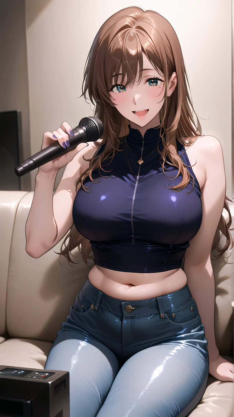 (masterpiece, best quality, high resolution, 8k), cowboy shot, BREAK, girl style anime, well defined eyes, high definition eyes, perfect body, perfect anatomy, eyelashes and black shadow under the eyes, detailed, round eyes with eyelashes and highlighted eye shadow, BREAK, wearing blue glasses, brown light eyes, brown hair, jinx hair, wearing blue Women's Cocktail Dress with Line Embroidery, round butt, perfect curves, with watch on her hands, medium breast, BREAK, girl singing in a karaoke with a microphone, big speakers and subwooferlaser lights and colorfull ballons in a party house.