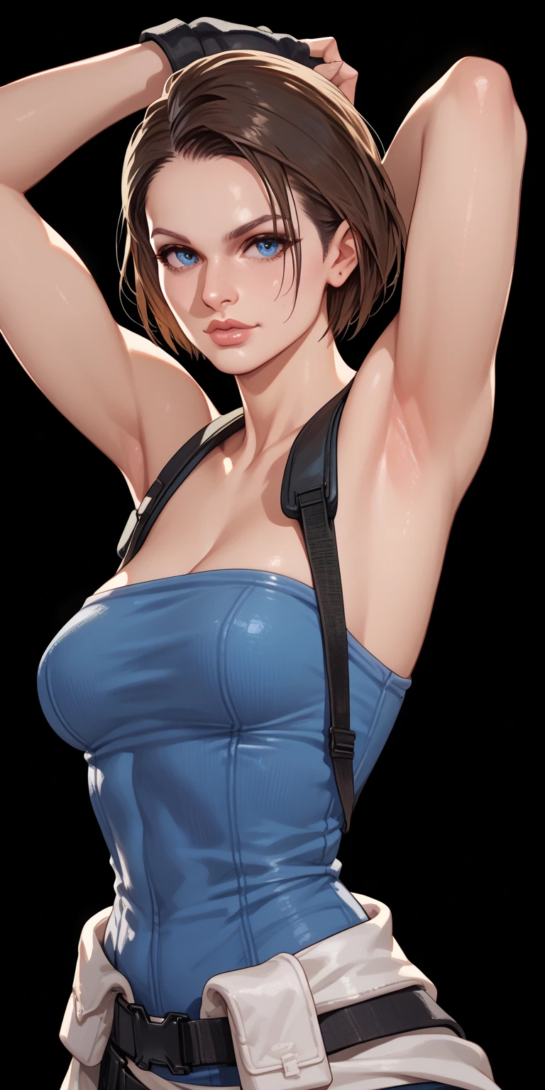 Jill Valentine, portrait, cleavage, smiling, (8k, RAW photo, best quality, masterpiece:1.2),ultra-detailed, (high detailed skin:1.2), 8k uhd, dslr, soft lighting, high quality, <lora:Jill_Valentine_RE3R_v1:0.4>