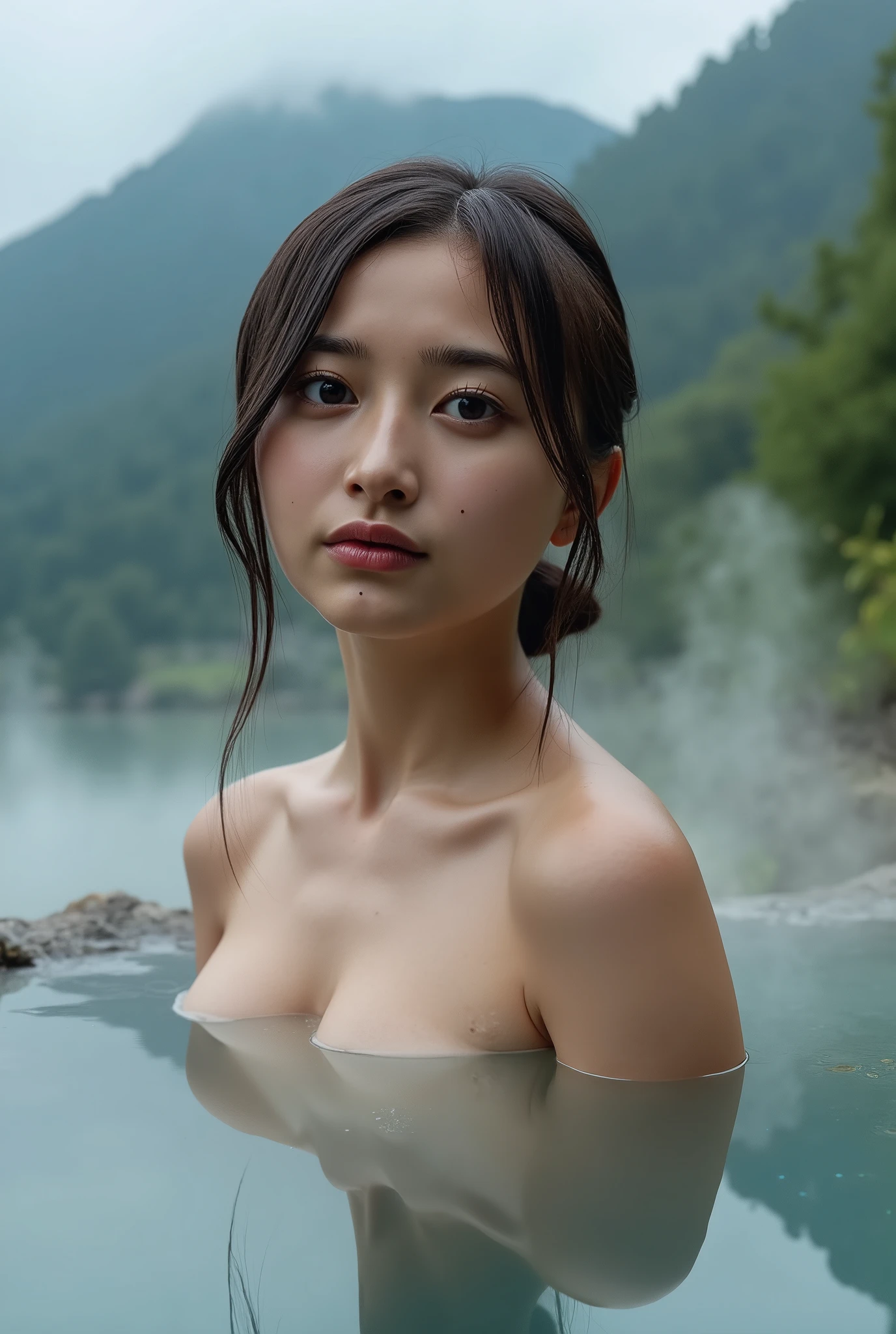 score_9, score_8_up, score_7_up, oval shaped face, 1girl, (18 years old), fit woman, seduction, hot spring, submerged nipples, nude, slim, imperfect, natural beauty, body freckles, natural breasts, pale skin, glistening skin, (ultrA realistic), nice eyes, random hairstyle, noticeably small breasts (a-cup), korean girl (40 kg)