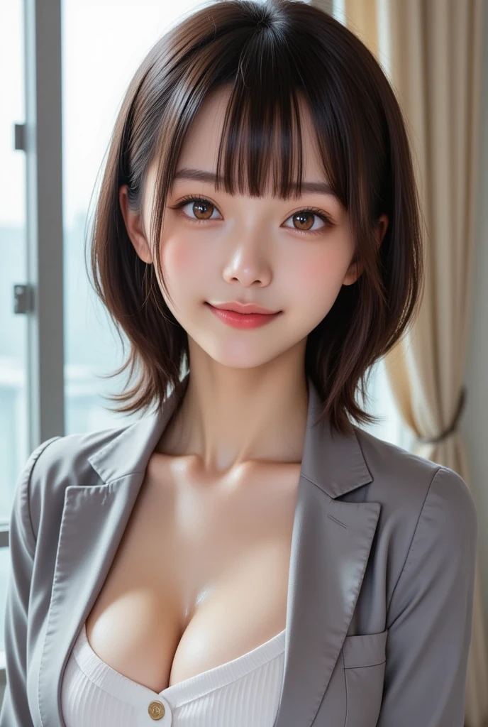 ((blazer、shirt、skirt、Highest quality、Masterpiece、High resolution))、(((bukkake、cum in hair、cum facial、Zoom photo from above)))、(wet body 、Pose to invite a man、A shy smile:1.2)、One Woman, Cleavage、Trimmed bangs、short hair、room