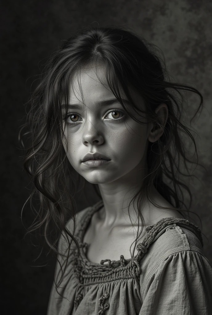 (Modelshoot style), A sad little and homeless girl ((dressing an old torn clothes)), (shy), 1girl, solo, brown and curly and messy hair, very detailed face, beautiful eyes, [chubby], adorable, with rosy cheeks and bright, sad eyes, stunningly beautiful, (Rembrandt Lighting), zeiss lens, ultra realistic, (high detailed skin:1.2), 8k uhd, dslr, Dramatic Rim light, high quality, Fujifilm XT3,