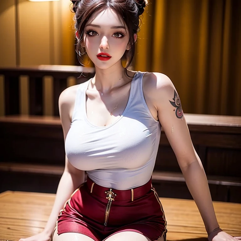 (RAW shooting, Photoreal:1.5, 8k, highest quality, masterpiece, ultra high resolution), perfect dynamic composition:1.2, Highly detailed skin and facial textures:1.2,(beautiful and aesthetic:1.2), (low angle:1.2,full body:1.2,Fair skin:1.2), (large breast:1.4, Chest gap:1.4), (perfect limbs:1.2), (perfect fingers:1.2),(ayuhara natsu,asian,1girl, tall,makeup,(beautiful face:1.2,sitting:1.2,chair:1.2,legs together:1.2,double eyelid:1.2),earrings,necklace, black hair, short hair,tight red jacket,(bandages:1.2),short shorts,perfect thigh,(knee pads:1.2),sneakers),(simple background:1),