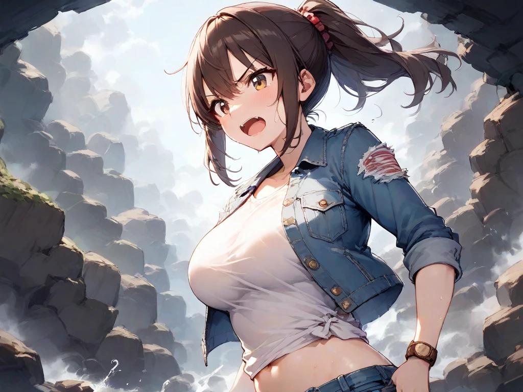 masterpiece, detailed, high quality, absurdres, kiruko, 1girl, solo, blush, medium breasts, curvy, silver trim blue violet striped shirt, silver trim, dark gray high-low skirt,, brooch, finger gun, cowboy shot,