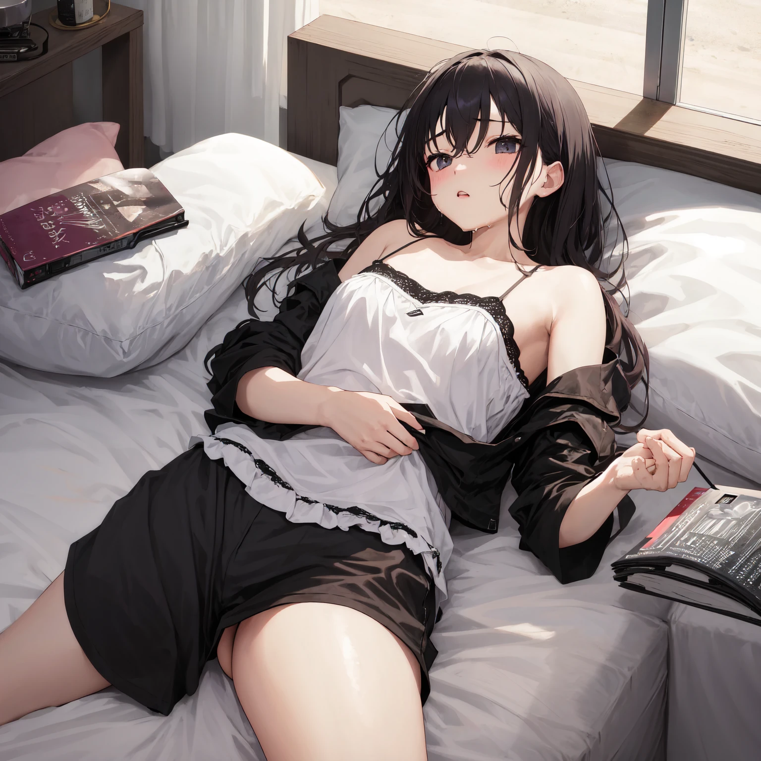 High image quality0.5,A 20-year-old maid in a sexy position without pants has black hair and a shirt that shows through.