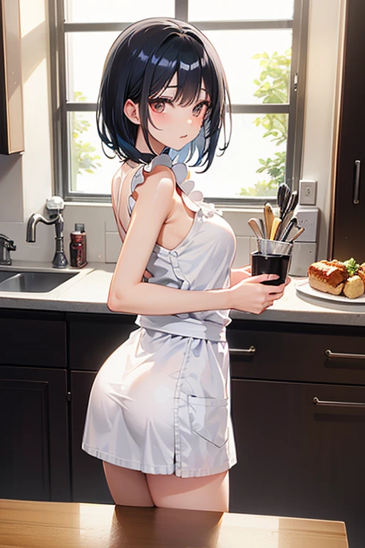 Highest Resolution,Highest quality,A crying beautiful girl in a nude apron drinking water from a plastic bottle,kitchen,Tears,Open your mouth and drool,whole body,front,Sweat profusely,Beautiful eyes,Lots of saliva,Black hair ponytail,