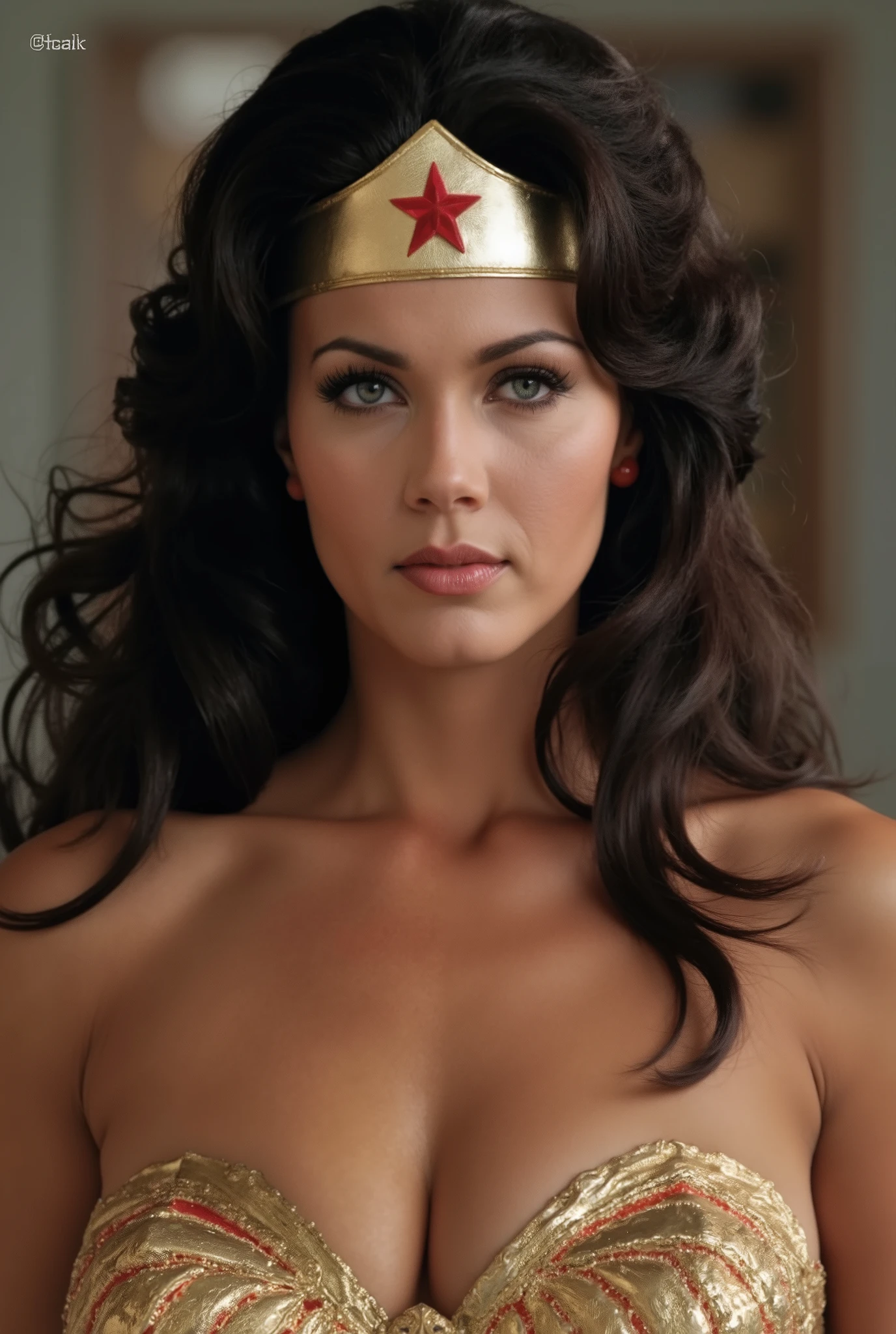 (Excellent masterpiece:1.5)0.7]，(wonder woman:1.2) ( messy brunette :1.1) ( dark eyes :1.2) (muscular:1.1) (Thick lips:0.9)