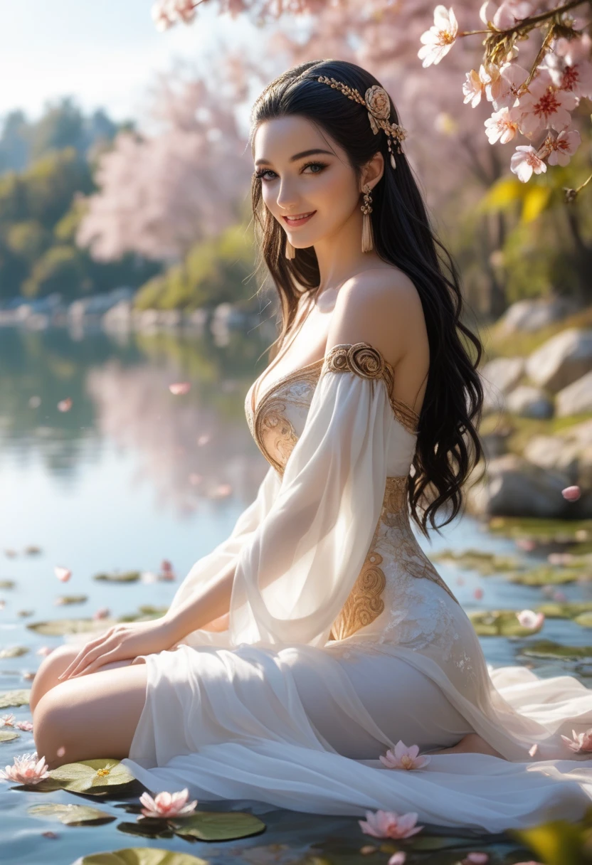 (8k, best quality, masterpiece:1.2), (realistic, photo-realistic:1.37), ultra-detailed, ((full body shot)), (1girl), 20 years old, long dark hair, very beautiful face, enchanting eyes, wearing elaborate, and sophisticated chinese robes, off shoulders, chest visible, high cut bottom that reveals thighs, walking confidently through a palace garden filled with blossoms