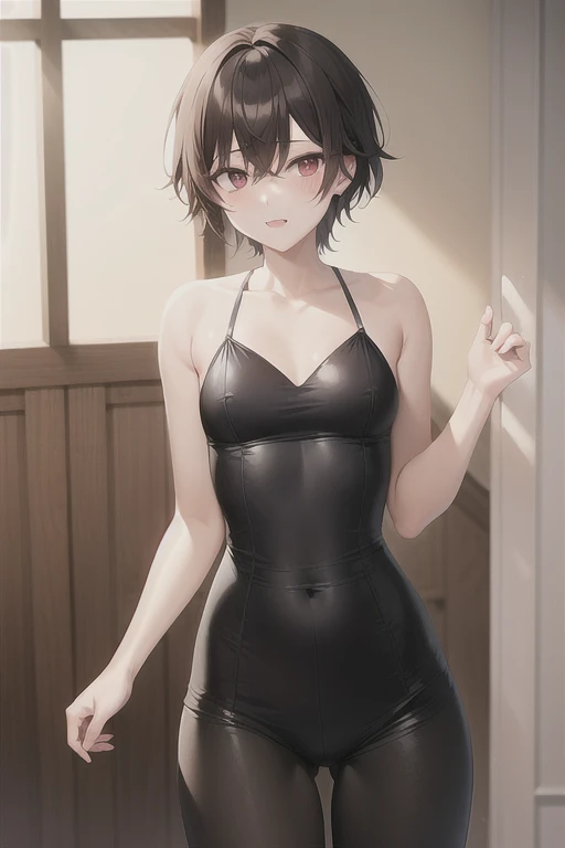 black Tennis uniform, absurdres, RAW photo, extremely delicate and beautiful, masterpiece, Best Quality, ultra high resolution, 32k, hyperrealistic, ultra-detailed, perfect figure, tearful mole, earring, cowboy shot, short medium hair, wavy hair, 