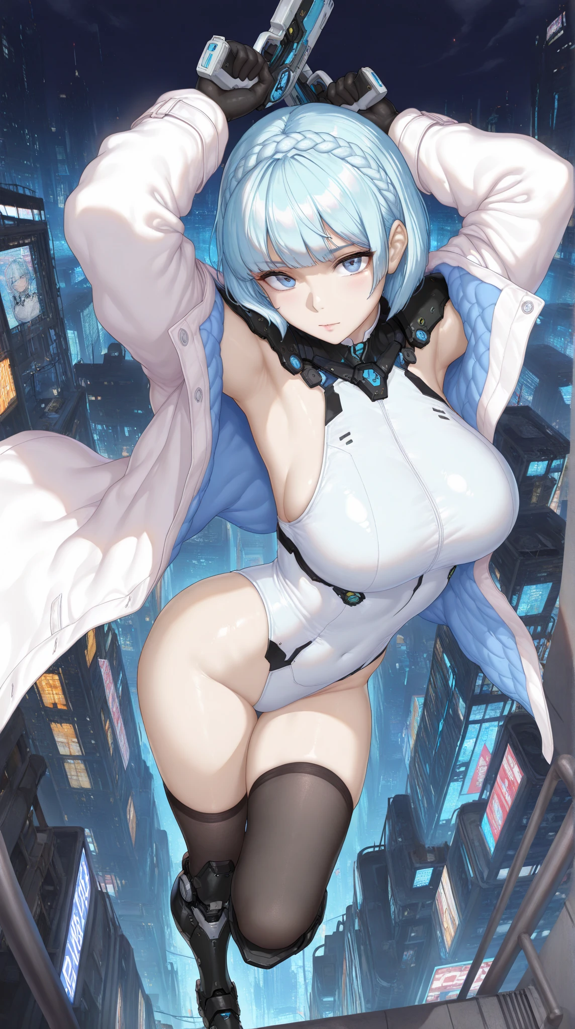 reelmech,cyborg girl,
maid android,(((1girl))),((anime mechanical robot girl with extremely cute and beautiful pale blue hair hair walking seductively down the street)),
(large breasts:1.4),saggy breasts,(((pale blue bob hair:1.35,colored inner hair,short hair,ear breathing))),(((doll))) ,((pale blue eyes,pale white skin,doll joints,mechanical hands,silver armored dress,tesla coils,maid mechanical doll,Body of a machine,metallic skin,ball joint,no facial features,data in the eyes,)),((blue eyes:1.3,upturned eyes:1.3,perfect eyes,beautiful detailed eyes,gradient eyes:1,finely detailed beautiful eyes:1,symmetrical eyes:1,big highlight on eyes:1.2)),((fat)),(((lustrous skin:1.5,bright skin: 1.5,skin tanned,shiny skin,very shiny skin,shiny body,plastic glitter skin,exaggerated shiny skin))),(spider lower abdomen,narrow waist,wide hip,athletic body,inflated legs,delicate detailed fingers,detailed body,detailed arms,human hands,(detailed face)),
cute,slutty,seductive,erotic,(((nsfw))),
(maid headdress),bare_shoulders,delicate metal decorations,Headdress,(maid),sleeveless,miniskirt,boots,cleavage_cutout,bare_legs,(detailed outfit,detailed clothes),
(dynamic pose:1.0),solo focus,embarrassed,centered,scale to fit dimensions,Rule of thirds,
outdoors,((night view)),(cyberpunk night street Background: 1.5,dark sky,alleyway,lonely alley,thick clouds,detailed background:1.25),
(best quality),(high resolution),(sharp focus),(ultra detailed),(extremely detailed),(extremely high quality artwork),8k_wallpaper,(extremely detailed CG 8k),(very fine 8K CG),((hyper super ultra detailed perfect piece)),flawless,(((masterpiece))),illustration,vibrant colors,(intricate),High contrast,Selective lighting,Double exposure,HDR (High Dynamic Range),Post-processing,Background blur,