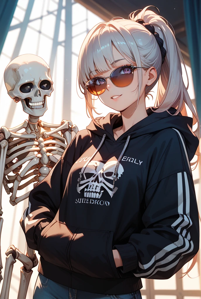 A powerful robot with a skeleton head painted matte black, wearing a futuristic jacket, carrying a super sexy girl on her lap who is smiling at the camera, She's in a futuristic braided bikini, hair with colored highlights, pony-tails, medium breasts and generous cleavage, close up on both, cena sensual, she is enjoying being carried, she's horny, very horny, (nsfw)