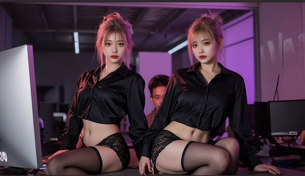 (masterpiece), best quality, expressive eyes, perfect face, black stocking, black tanktop, little smile , gloves, blonde, armpit, straddle, tight tanktop, big boobs, necklace, earing, punk, rock, emo, long hair, , , tattoo, Korean girl, night life, strip club, 3 girls, hug, kissing, grab boobs, Bigg ass, butt, ponytail