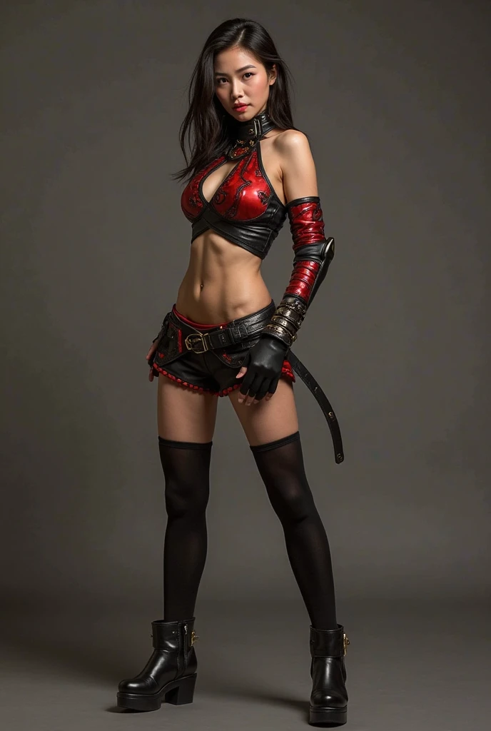Sticking out the navel、newyork、She wears a torn Spider-Man suit,wearing skirt、 Red and black color scheme,Dynamic、masterpiece、top-quality、ultra-detailliert、ighly detailed、beautiful detailed brilliance、超A high resolution
