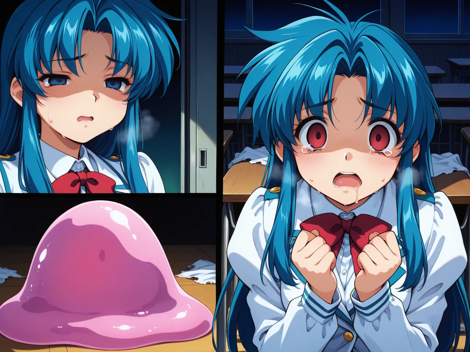 Shiitono,high resolution,high quality,High resolution,(Anime Style),Beautiful images,Clear images,(Cute Girls),(1 girl),(Petite figure,low length,Lori),whole body(from head to toe), Blue Hair, blue eyes, Long Hair, Hair between the eyes, bangs,Transformation Heroine(White wetsuit-type reinforced skin),(Ultra Girl),(胸元で光るHeart-shaped brooch),Heart-shaped brooch,(胸元のHeart-shaped broochに触手侵入する),(The energy core inside the body is violated by tentacles)Attacked by tentacles,Being held captive by tentacles,(Heart-shaped broochから光の粒子が漏れ出ている,Heart-shaped broochから光の液体が流れ出している),(Tentacles are sucking on the crotch),(Love juice is flowing from between her legs),(Heart-shaped broochが赤く点滅している),Have a naughty face,It feels good and I'm in agony,Vulgar in a naughty sense,Ecstasy,Profanity,
steam(mist),Wet,Sweat,Climax,Eyes closed,Watery eye,Mouth open,