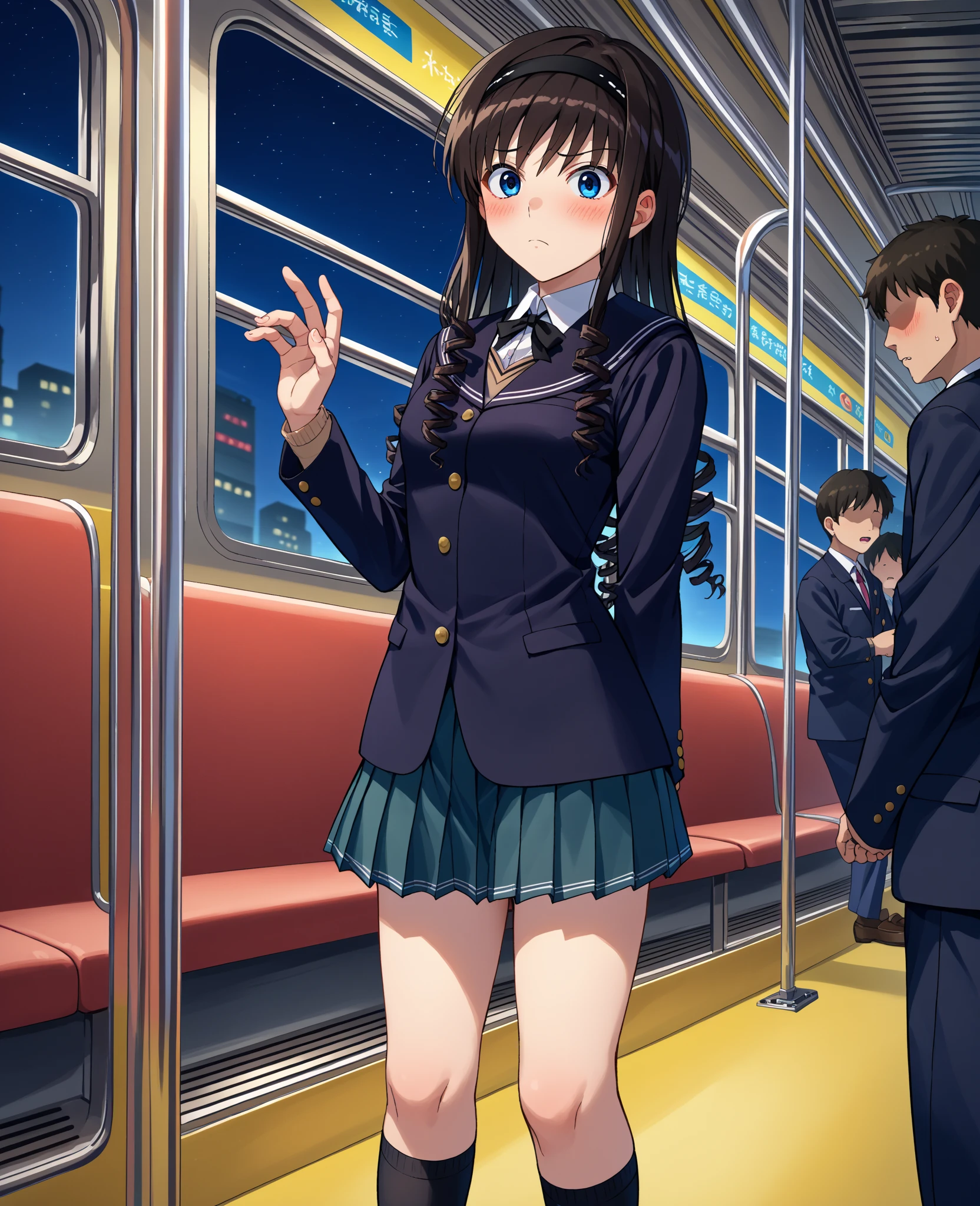 middle-aged man and high school girl、Highest image quality、Sailor Mars、beautiful feet、slender、miniskirt、((crowded train))、((big breasts))、((The nipple protrusions push up the uniform))、cropped tops、short sleeve、barefoot、((Wearing mules))、((Uncle touching my chest))、((My uncle is rubbing my chest))、((Uncle touching my buttocks))
