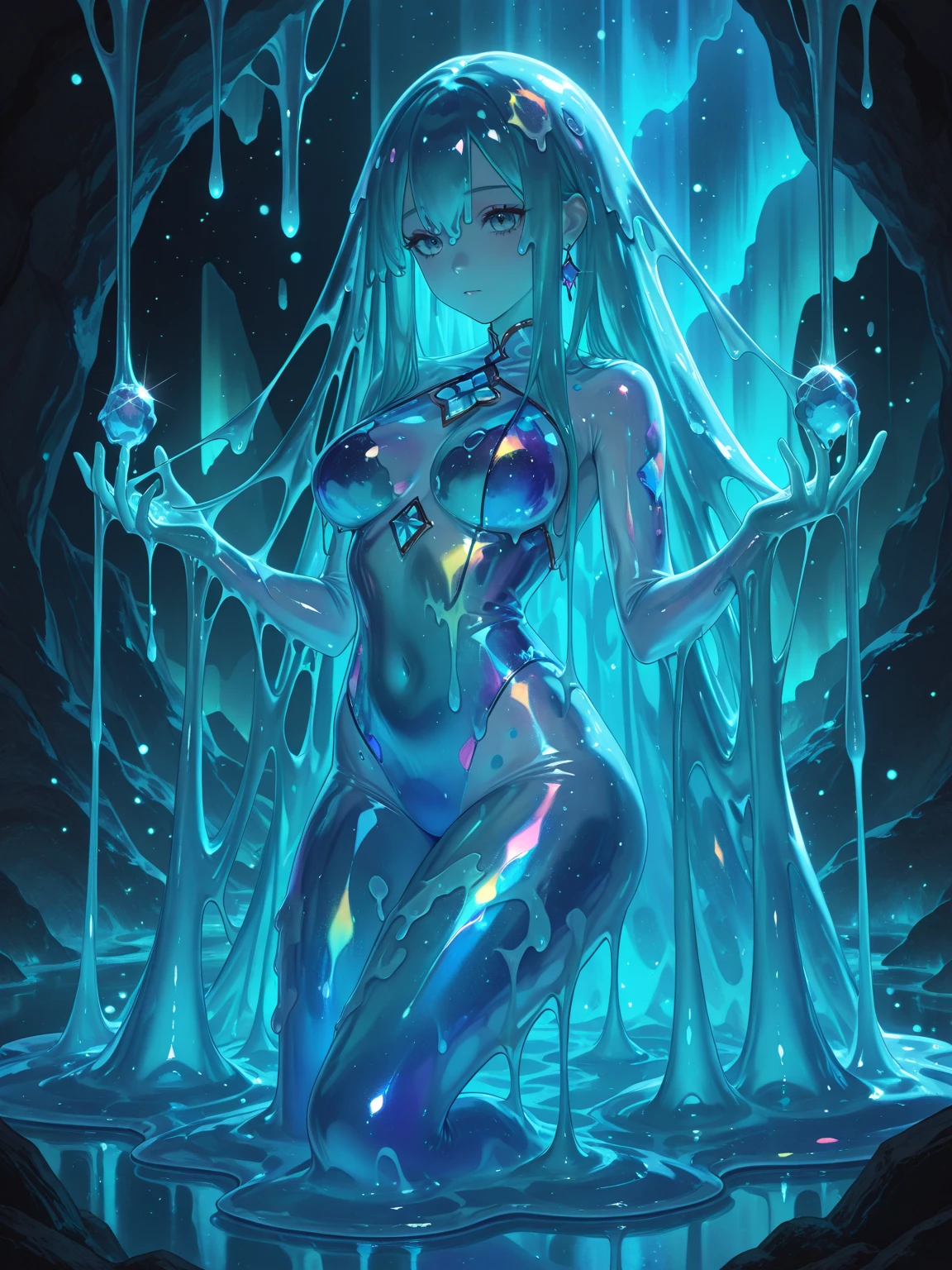 teens girl　(Cinematic Digital Artwork: 1.3), High quality, masutepiece, of the highest quality, Super Detail, Illustration, [4K Digital Art]、(Moody lighting:1.2), depth of fields, Bokeh, 4K,Open your eyes、Open your mouth slightly、(Colossal tits)、Cold look、silber hair、seductiv、((Liquid metal body))、(((The whole body is wet with sticky liquid metal)))、(((In the aquarium、Subduction into a full tank of liquid metal)))