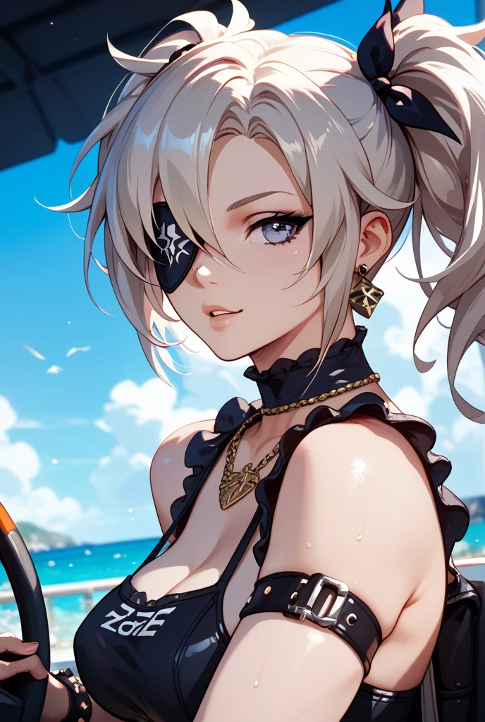a woman in a black bikini sitting on a beach chair, soaking up the sun, beautiful detailed eyes, beautiful detailed lips, extremely detailed eyes and face, long eyelashes, detailed skin, detailed facial features, sun-kissed skin, beachfront, beach chair, golden hour lighting, cinematic lighting, glowing skin, detailed textures, hyper realistic, 8k, photorealistic, masterpiece, dramatic colors, vibrant colors