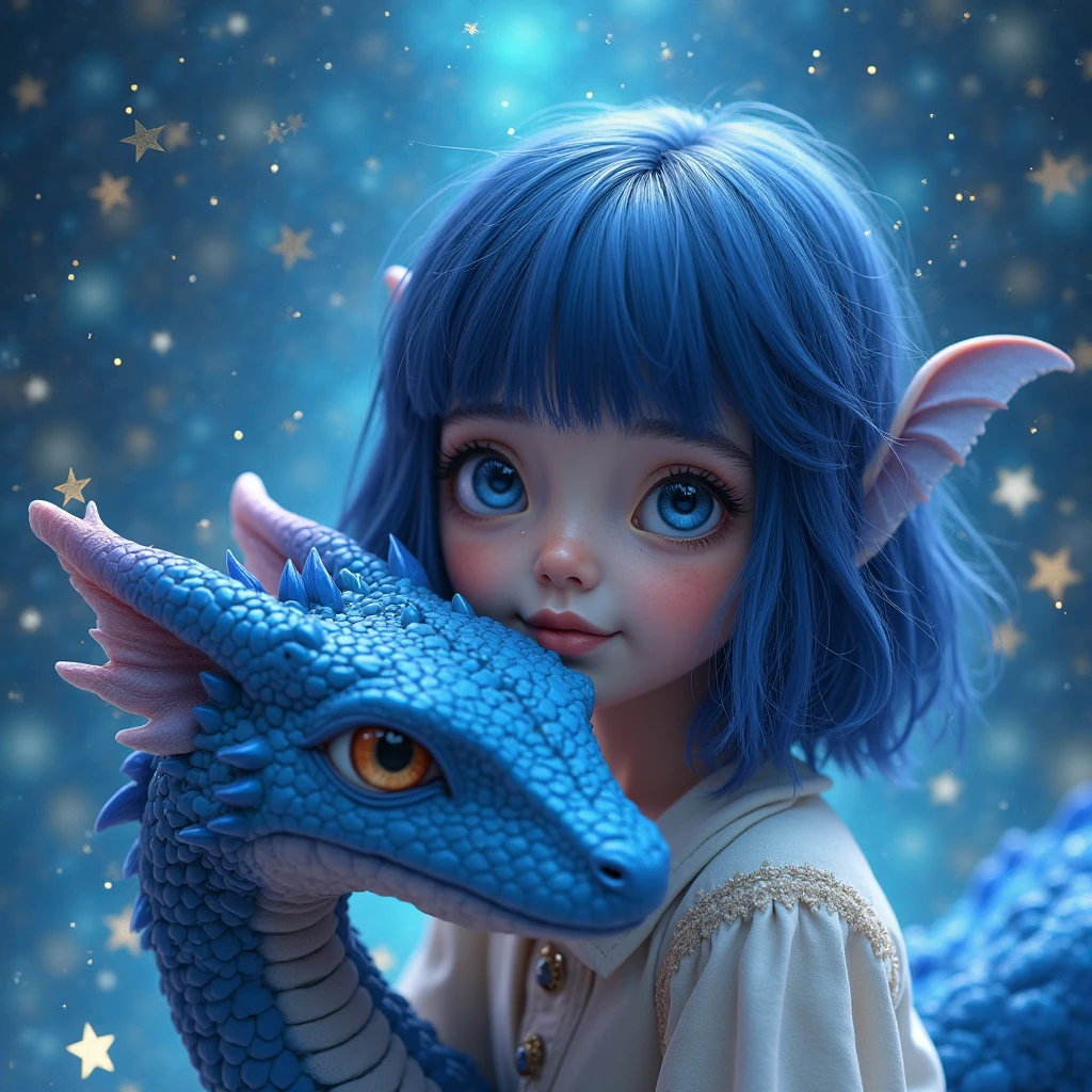 Jeune fille aux cheveux bruns et aux yeux bleus, avec un dragon violet, version animé
