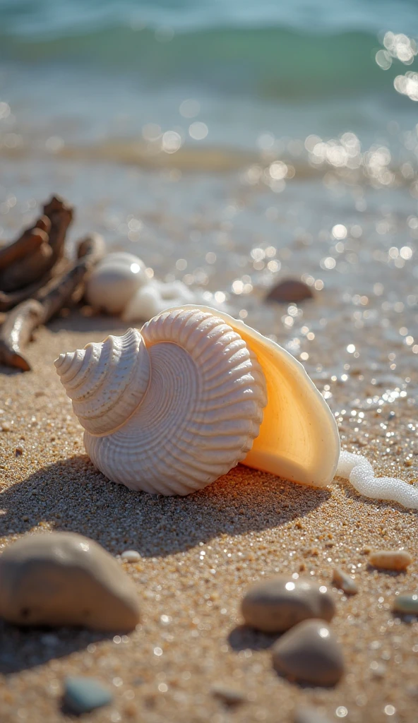 (photorealism:1.2), small pile of shells on the beach towel