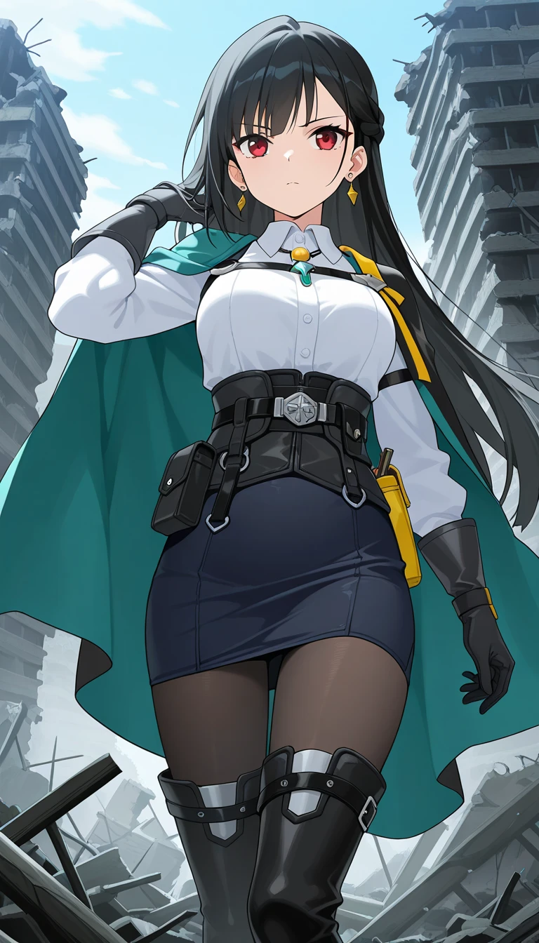 score_9, score_8_up, score_7_up, solo, source_anime, 1girl, female focus, 2D, Rosa_rosa_utm, long hair, black hair, sidelocks, hair ribbon, blue eyes, glasses, rimless eyewear, small breasts, white capelet, collared capelet, black shirt, strapless shirt, black gloves, Fingerless gloves, elbow gloves, asymmetrical pants, black pants, tight pants, holster, holstered, yellow thighhighs, single sock, pants under skirt, skirt, asymmetrical legwear, white boots, standing, v, spacecraft interior