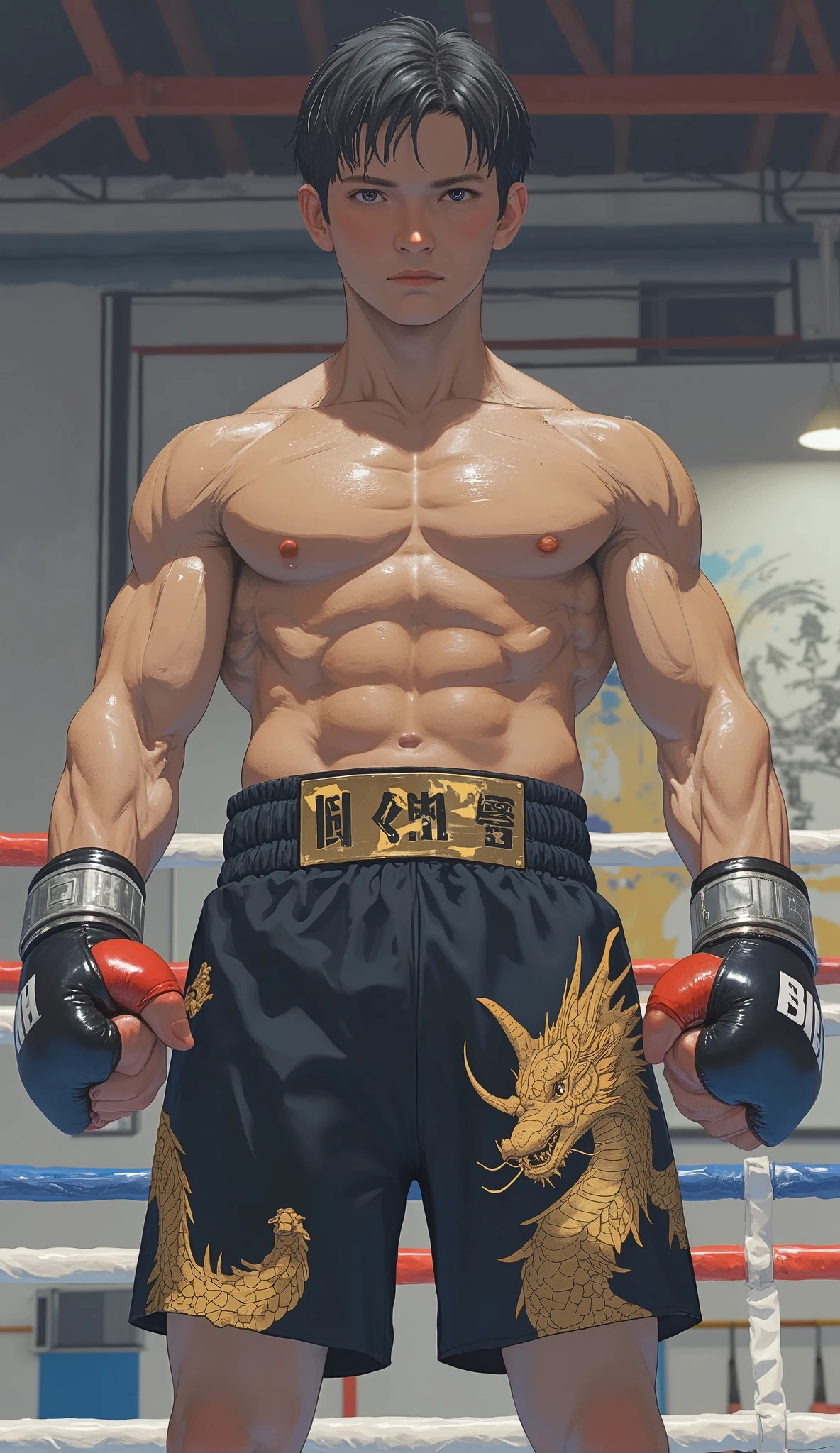 ((best quality)), ((masterpiece)), ((realistic)), (detailed) (full color)
muscular male, narrow waist, Slim waist, thick eyebrowns,
, nipples, , ((thin)) , , (sweating, , swet)
, male focus, brown eyes, sunny day, punching,
MTB, muathai shorts, 1boy, leg bands, <lora:MuaThai_Boy:1>